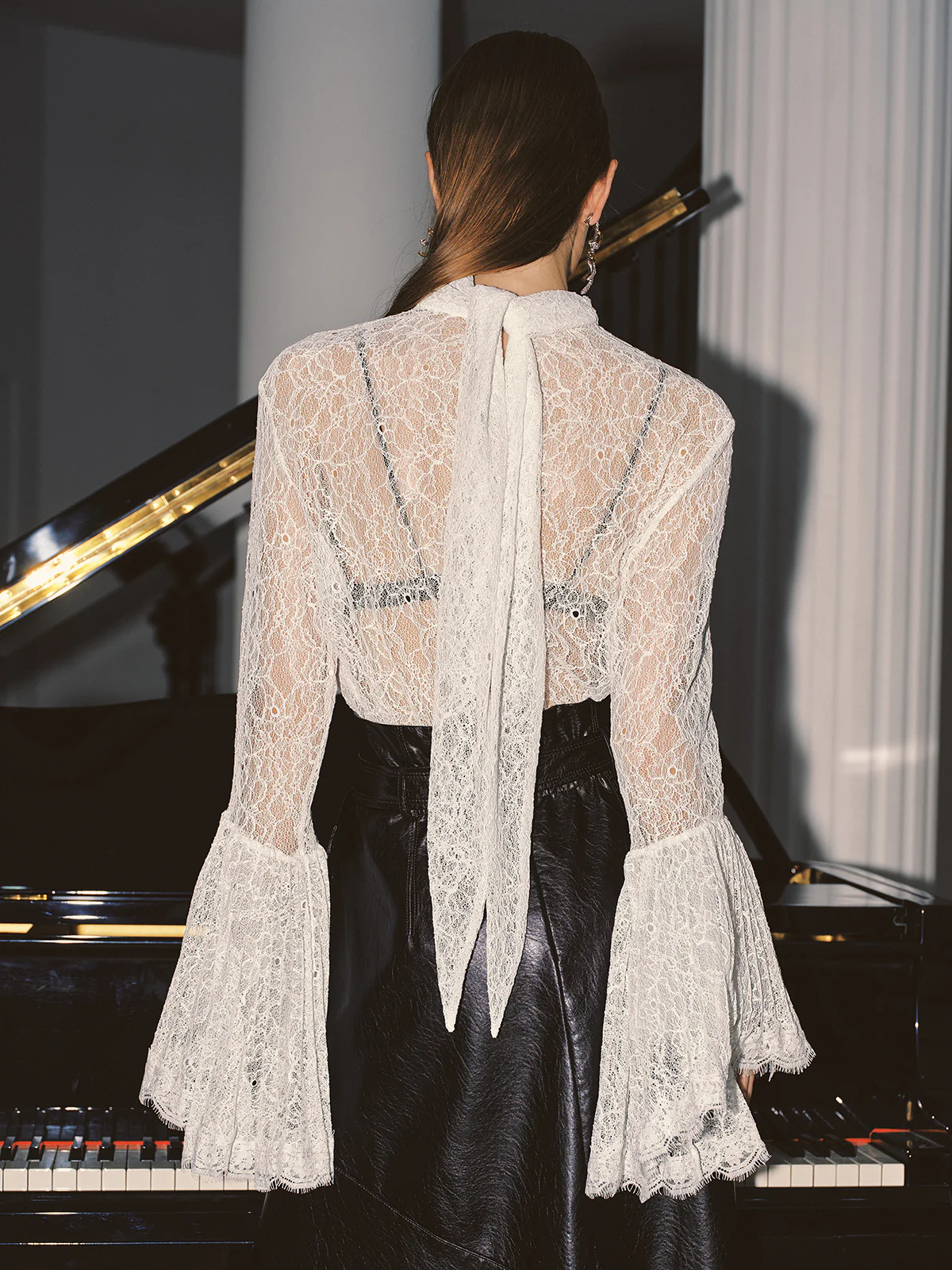 Lace High Neck Bell Sleeve Top - Wholesalesil