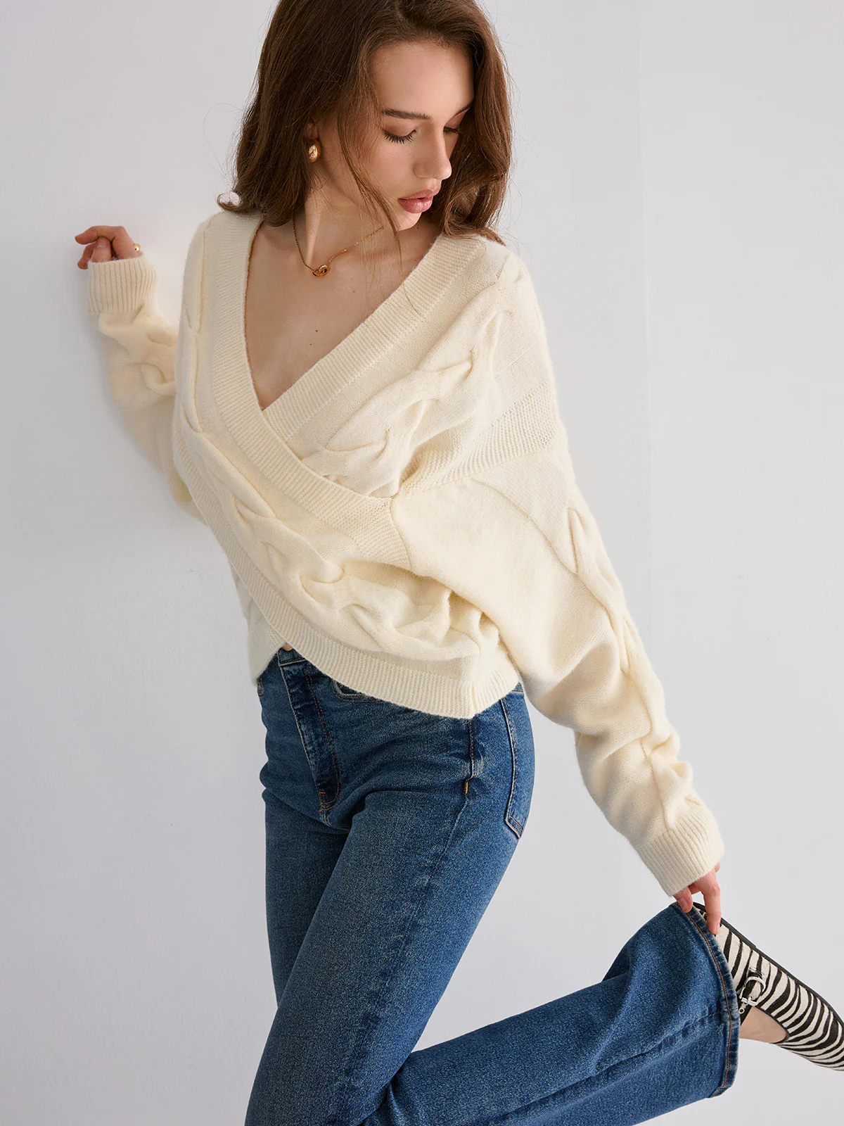 Cable Knit Cross-Front V-Neck Sweater - Wholesalesil