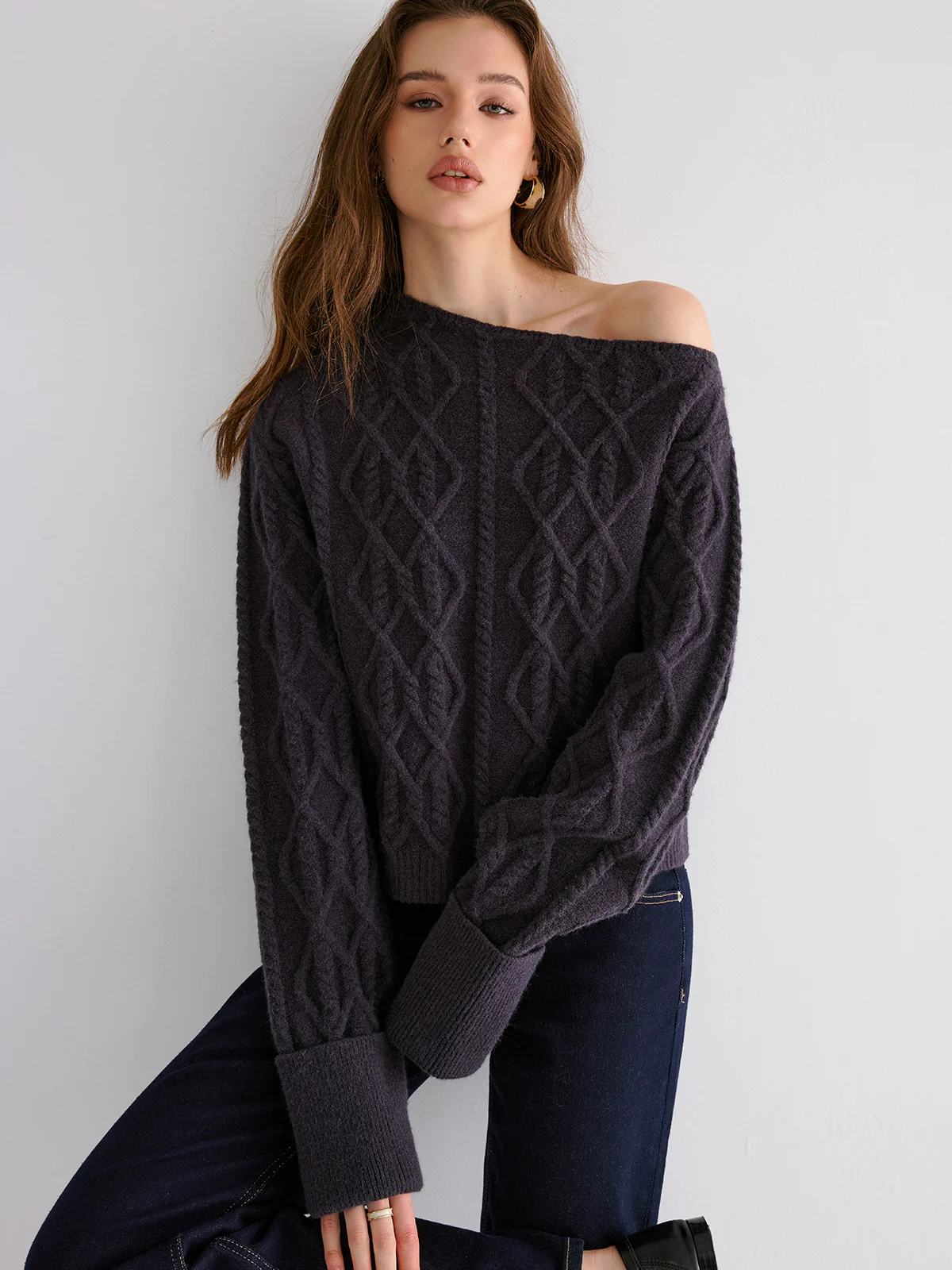 Cable Knit Off-shoulder Sweater - Wholesalesil