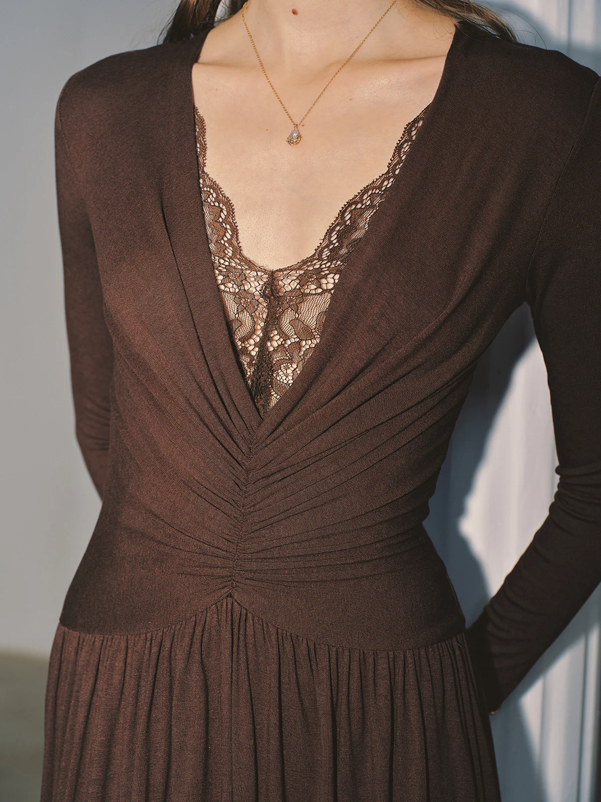 Lace V-Neck Ruched Maxi Dress - Wholesalesil