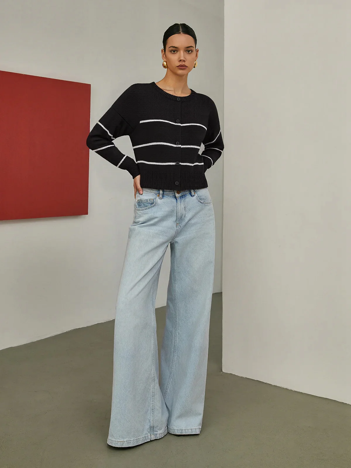 Striped Wool Blend Button Cardigan - Wholesalesil