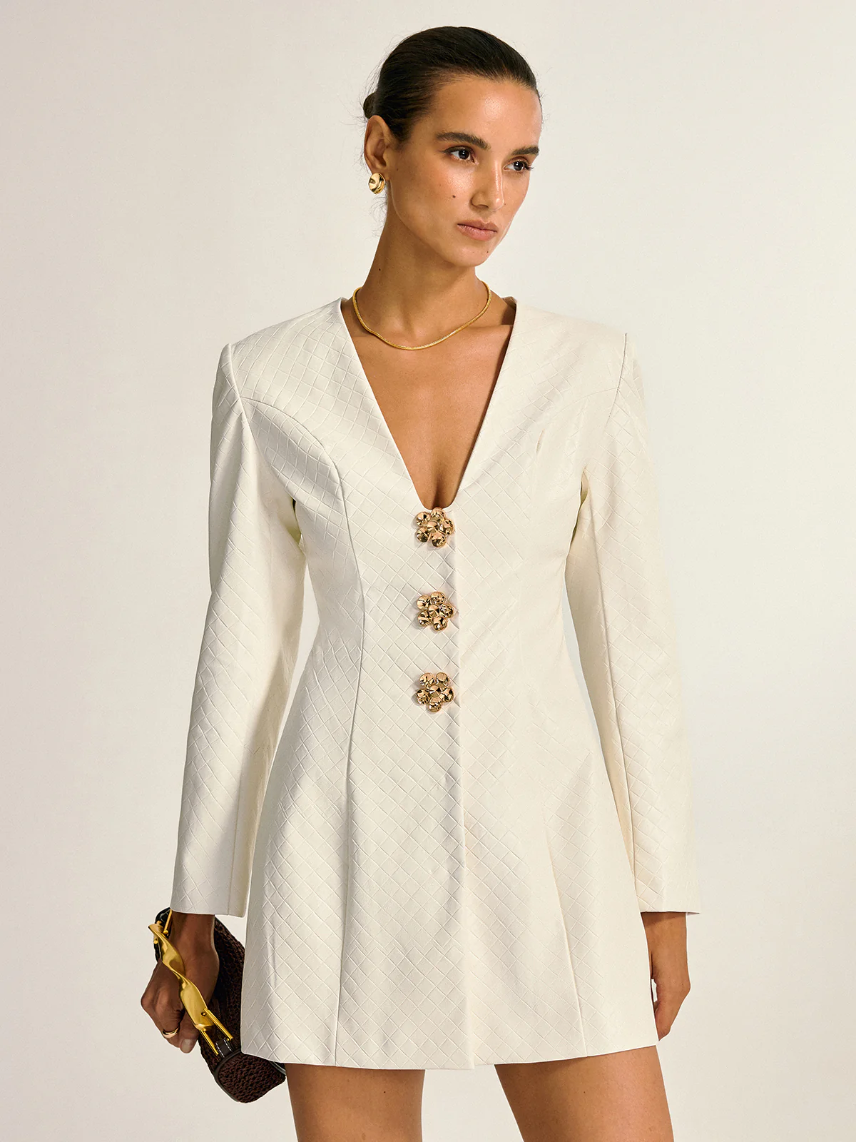 Floral Metal Button Faux Leather Mini Dress - Wholesalesil