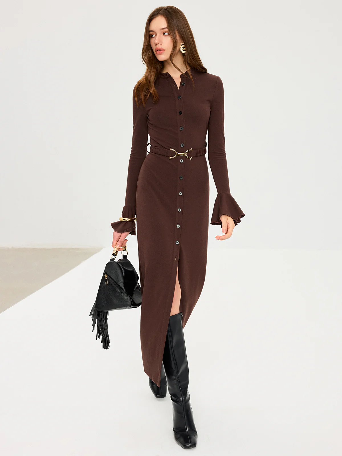 Flared Cuff Button-Front Maxi Dress - Wholesalesil