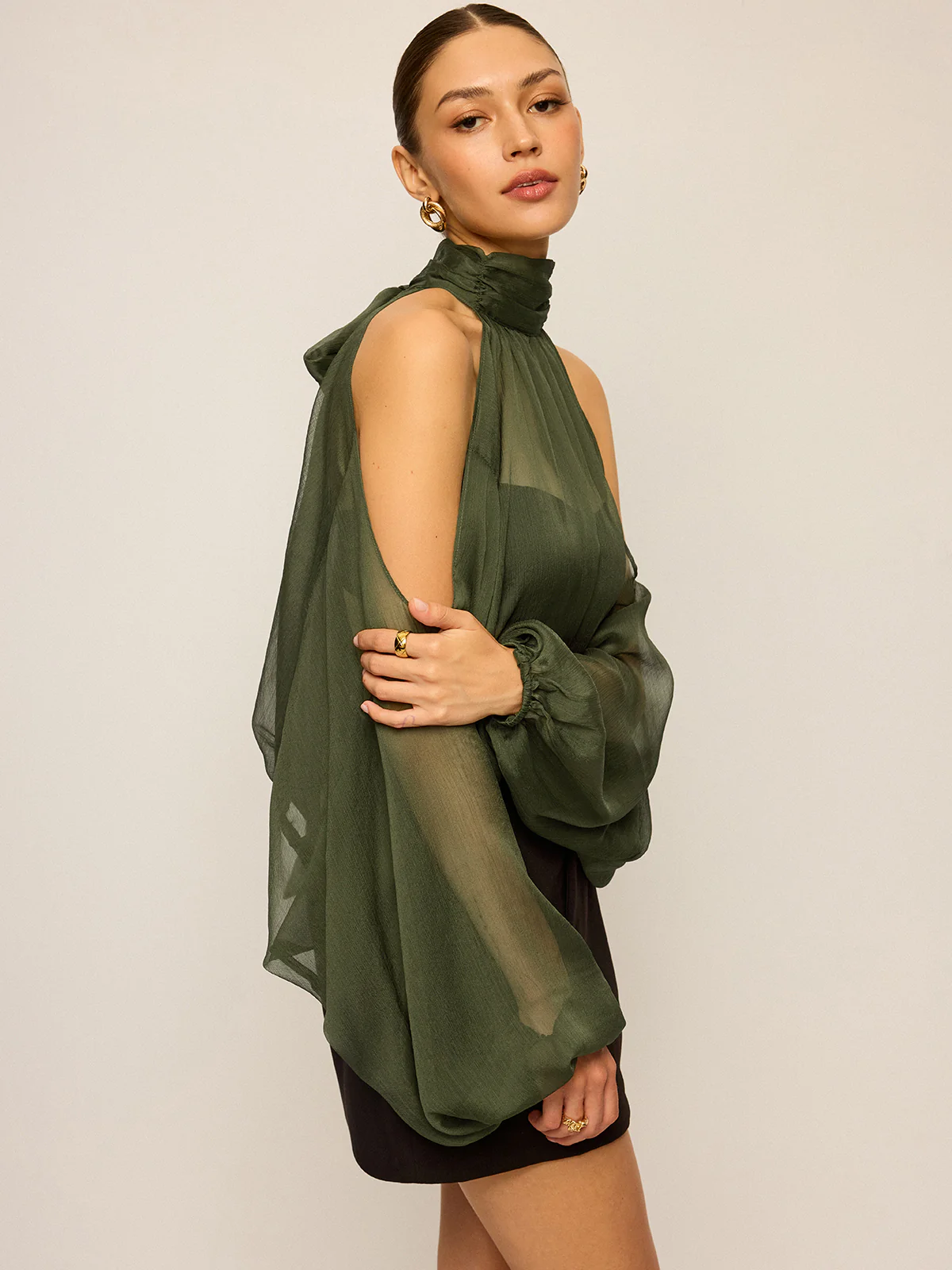 Sheer Halter Neck Cut-Out Sleeve Top with Bow Back - Wholesalesil