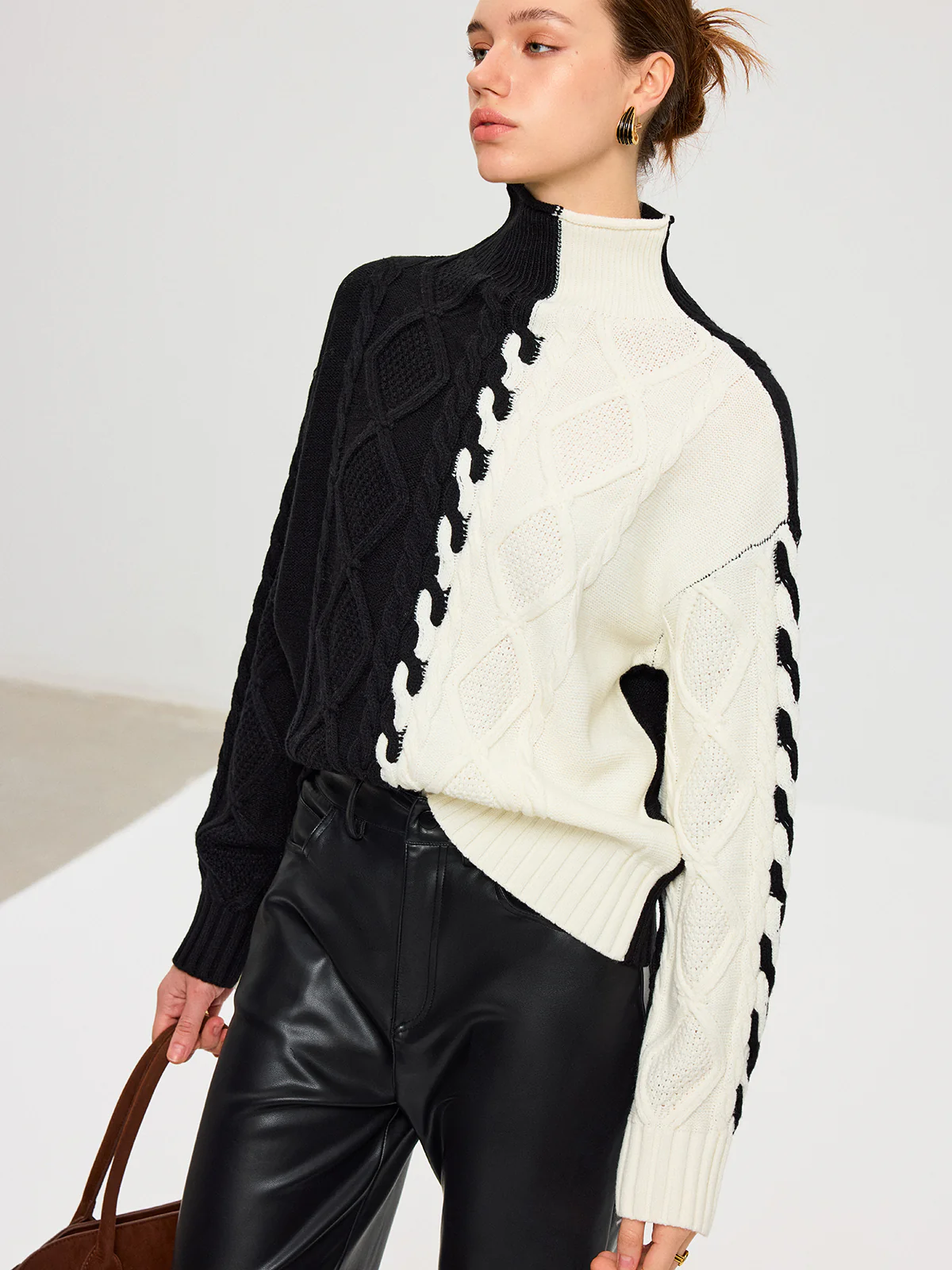 Color-Block Cable Knit Turtleneck Sweater - Wholesalesil