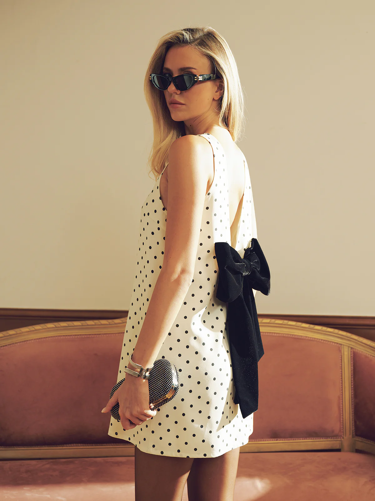 Polka Dot Mini Dress with Back Bow Detail - Wholesalesil