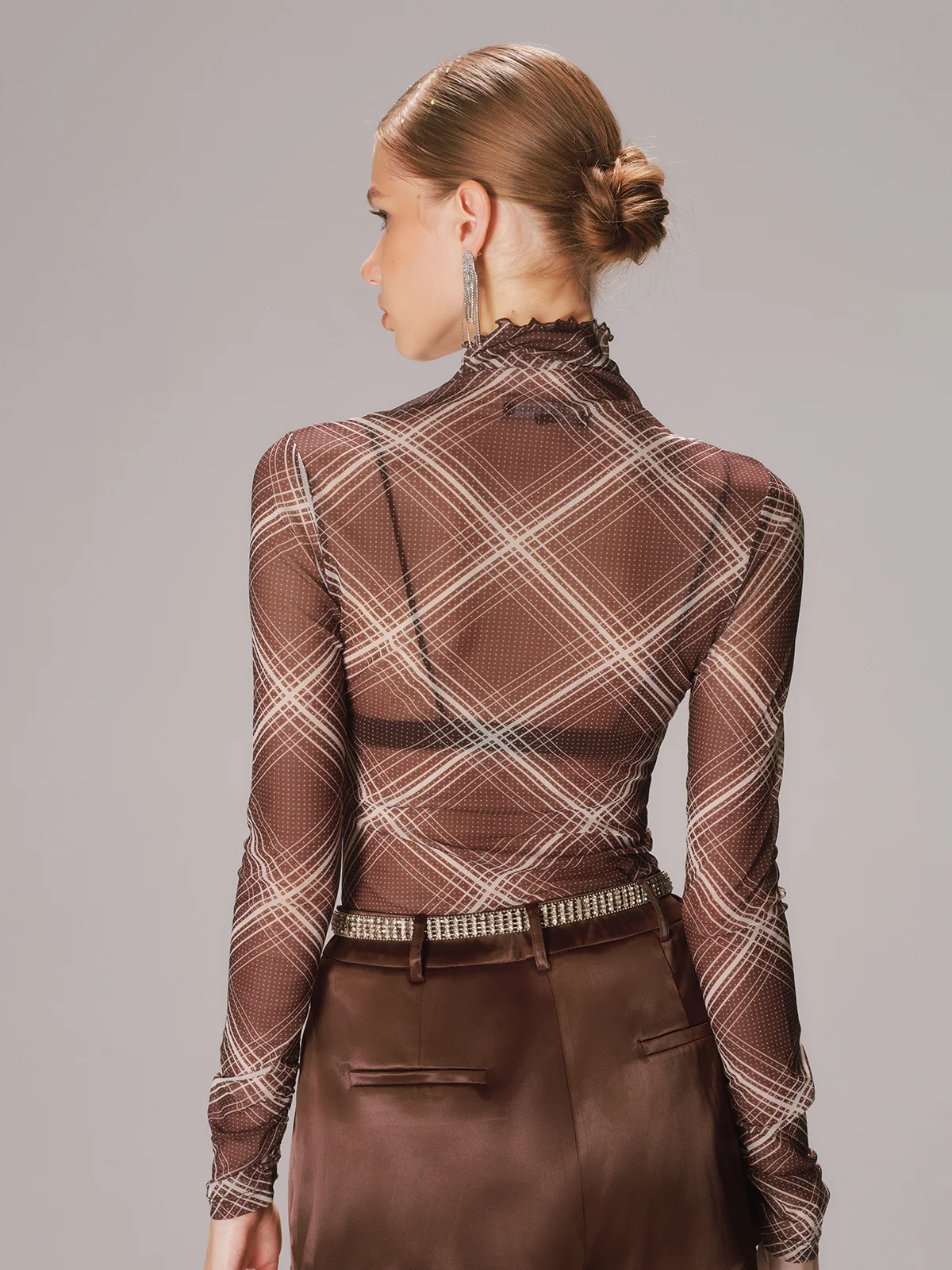 Turtleneck Sheer Mesh Plaid Long Sleeve Top - Wholesalesil