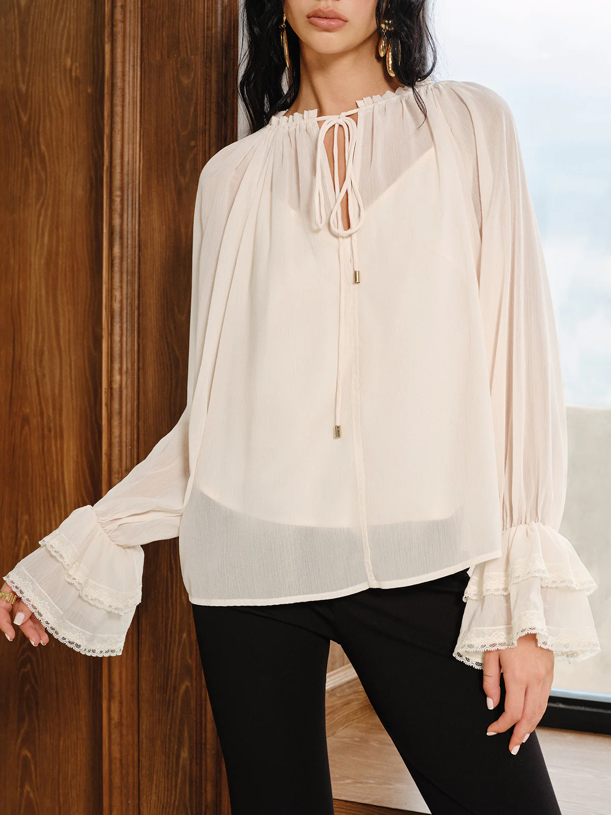 Bell Sleeve Sheer Chiffon Blouse Set with Liner - Wholesalesil