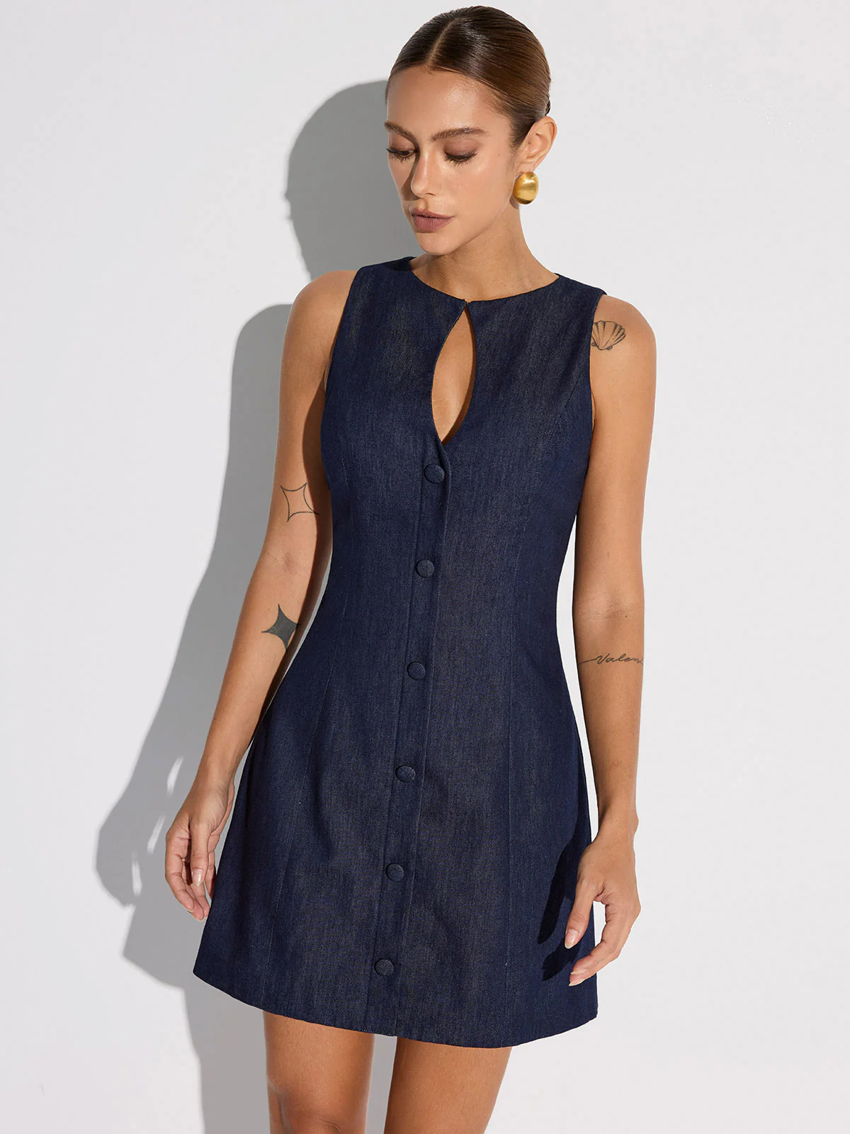Keyhole Neckline Button Denim Mini Dress - Wholesalesil