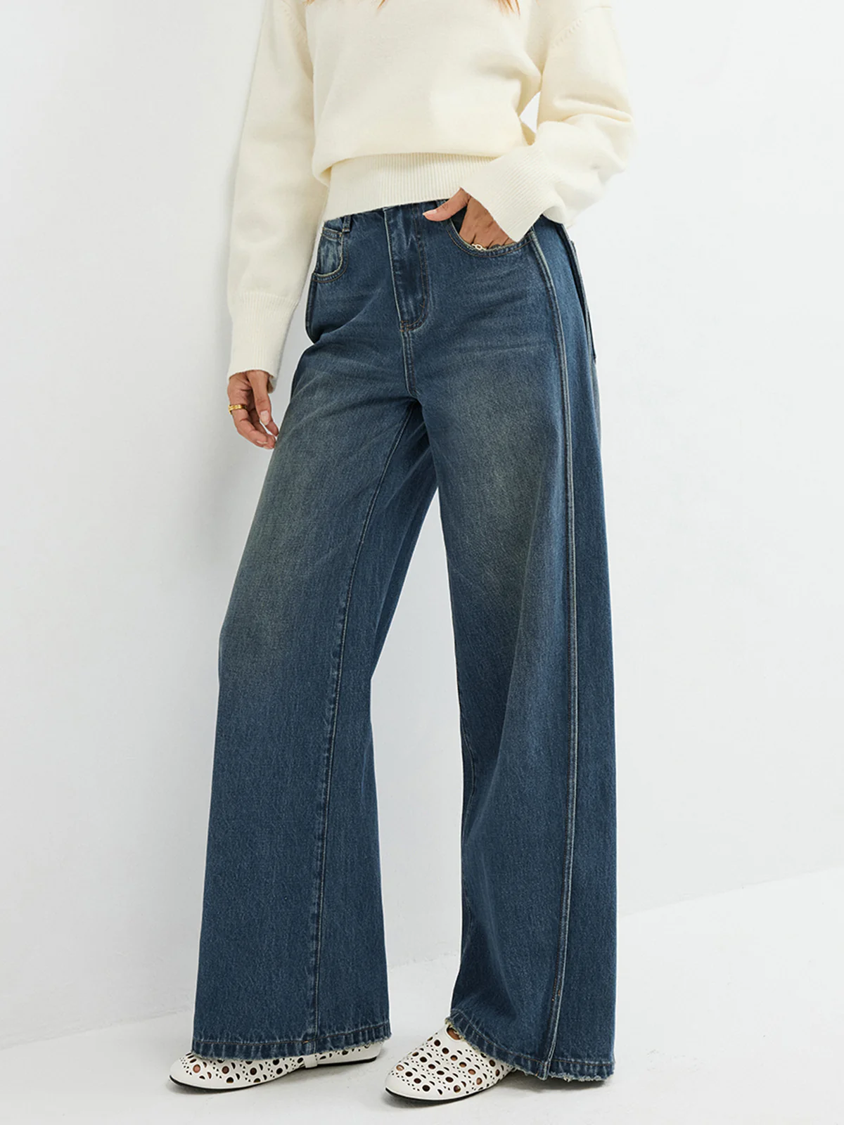 Side Panel Detail Mid-Waist Jeans - Wholesalesil