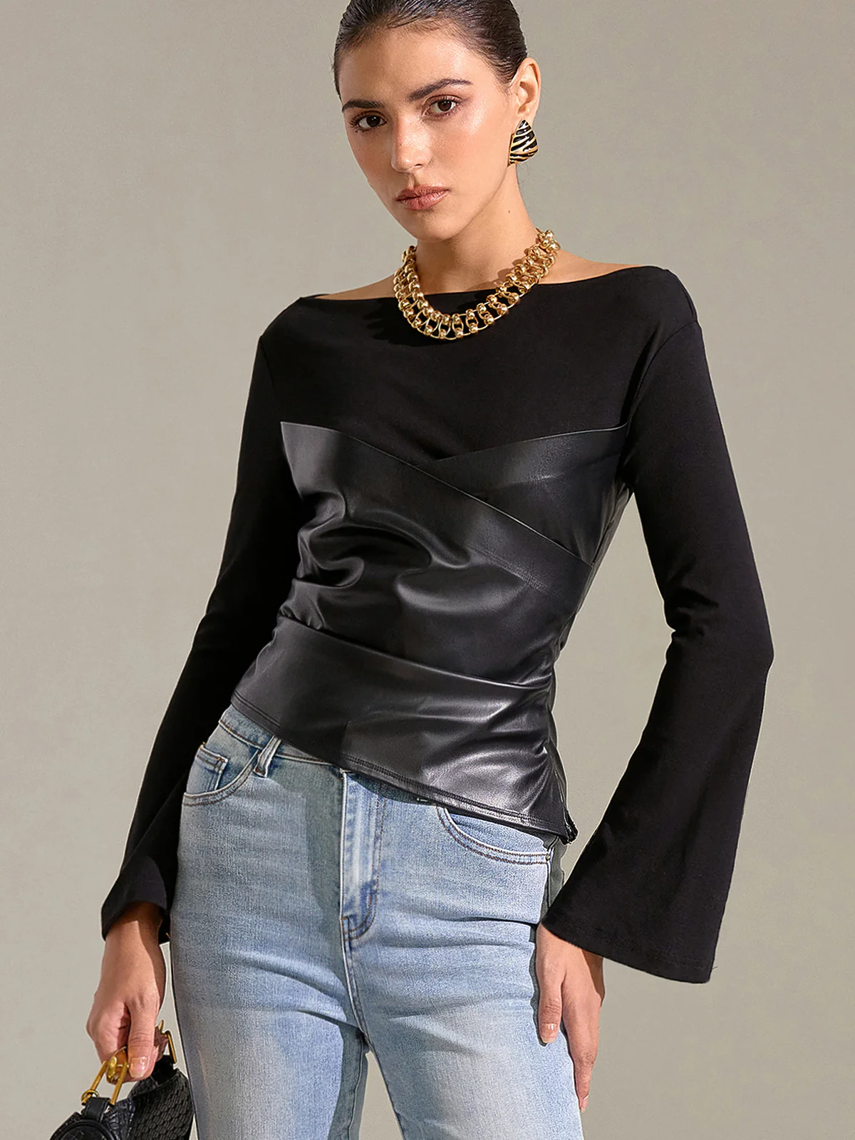 Flared Sleeve Faux Leather Panel Knit Top - Wholesalesil