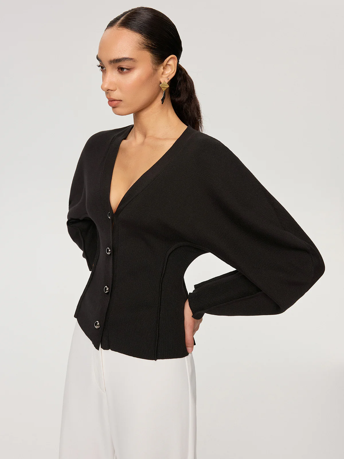 V-Neck Button-Front Puff Sleeve Cardigan - Wholesalesil