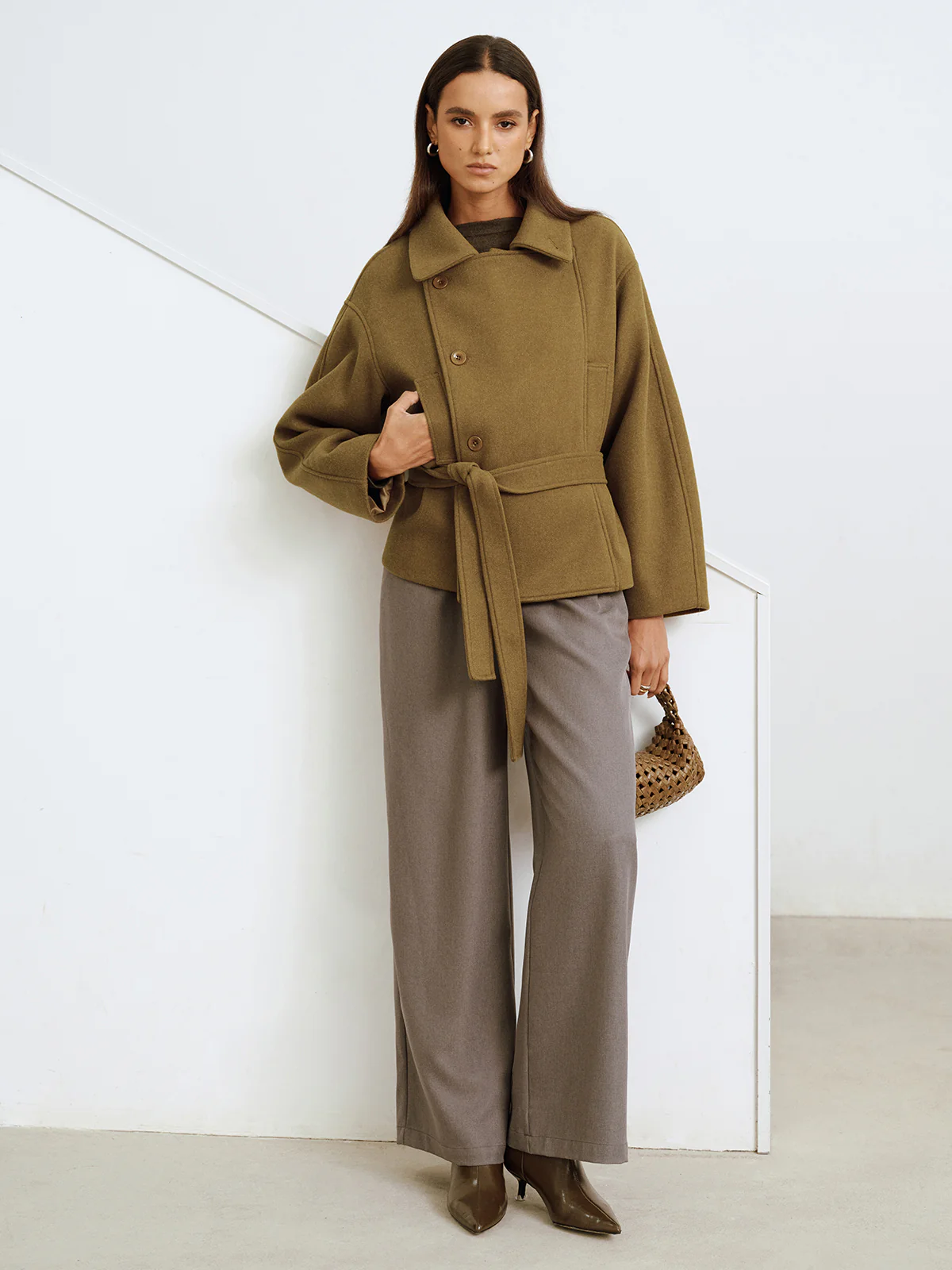 Belted Faux Cashmere Collared Coat - Wholesalesil