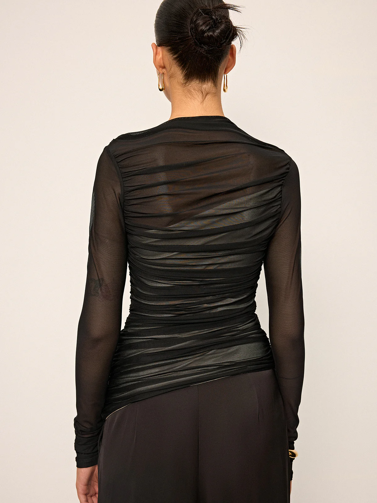 Sheer Mesh Ruched Long-Sleeve Top - Wholesalesil
