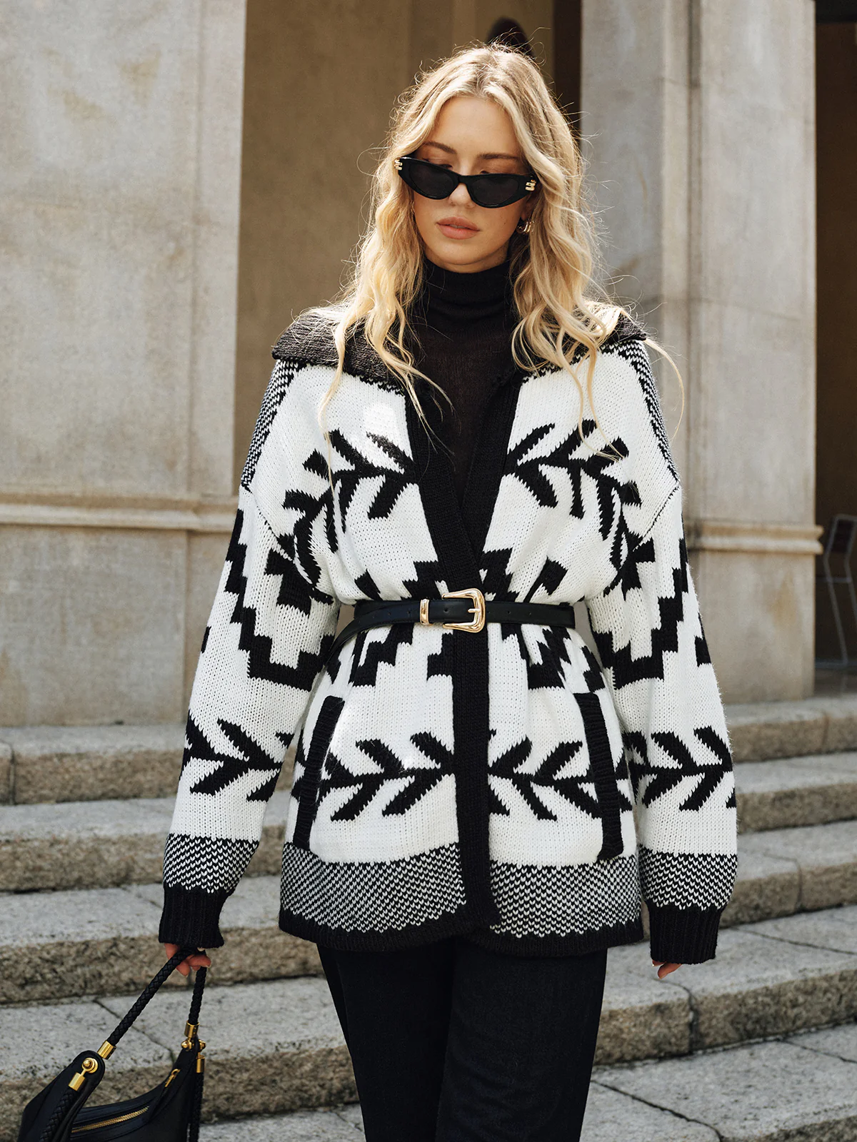 Geometric Pattern Collared Knit Cardigan without Belt - Wholesalesil