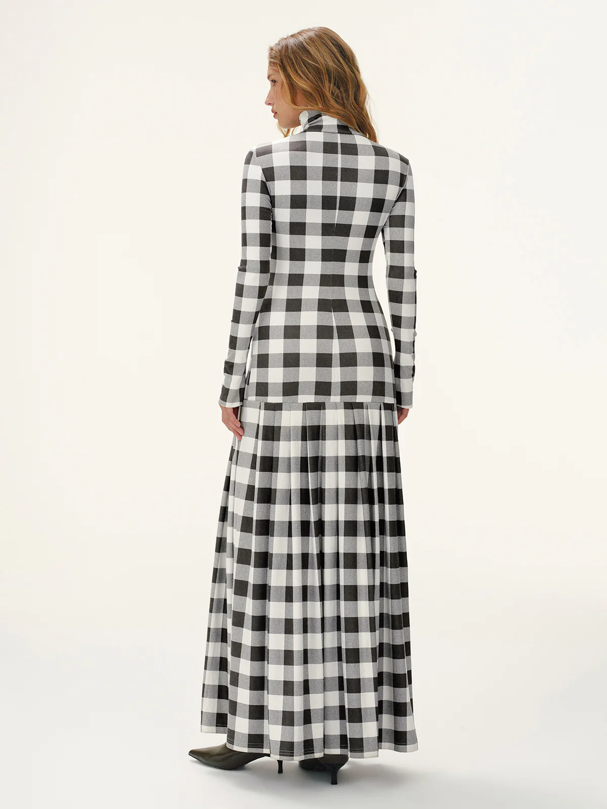 Plaid Turtleneck Long Sleeve Slit Maxi Dress - Wholesalesil