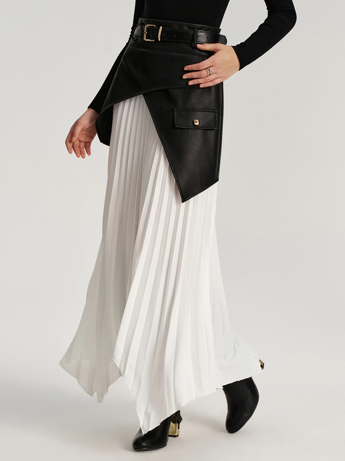 Belted Asymmetric Faux Leather Panel Pleated Maxi Skirt - Wholesalesil