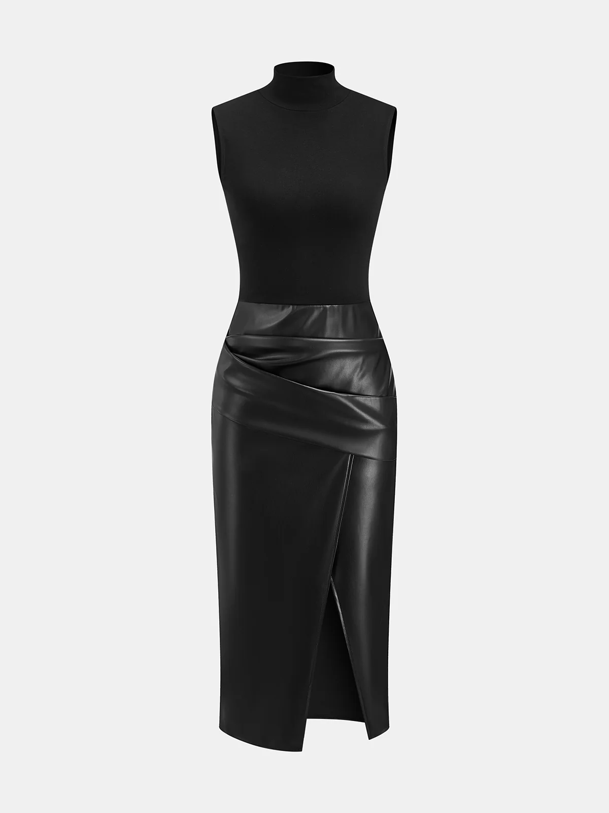 Faux Leather Panel Mock Neck Sleeveless Dress - Wholesalesil