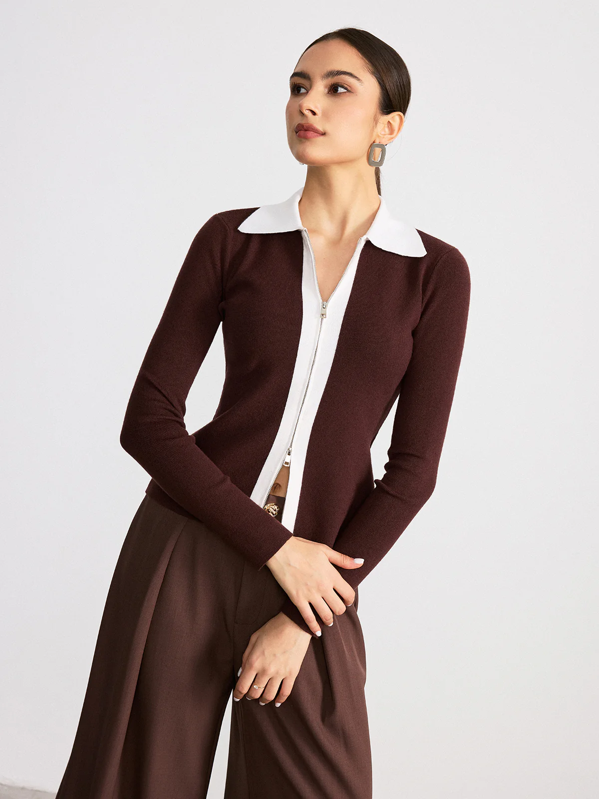 Contrast Collar Wool Blend Zip-Up Cardigan - Wholesalesil