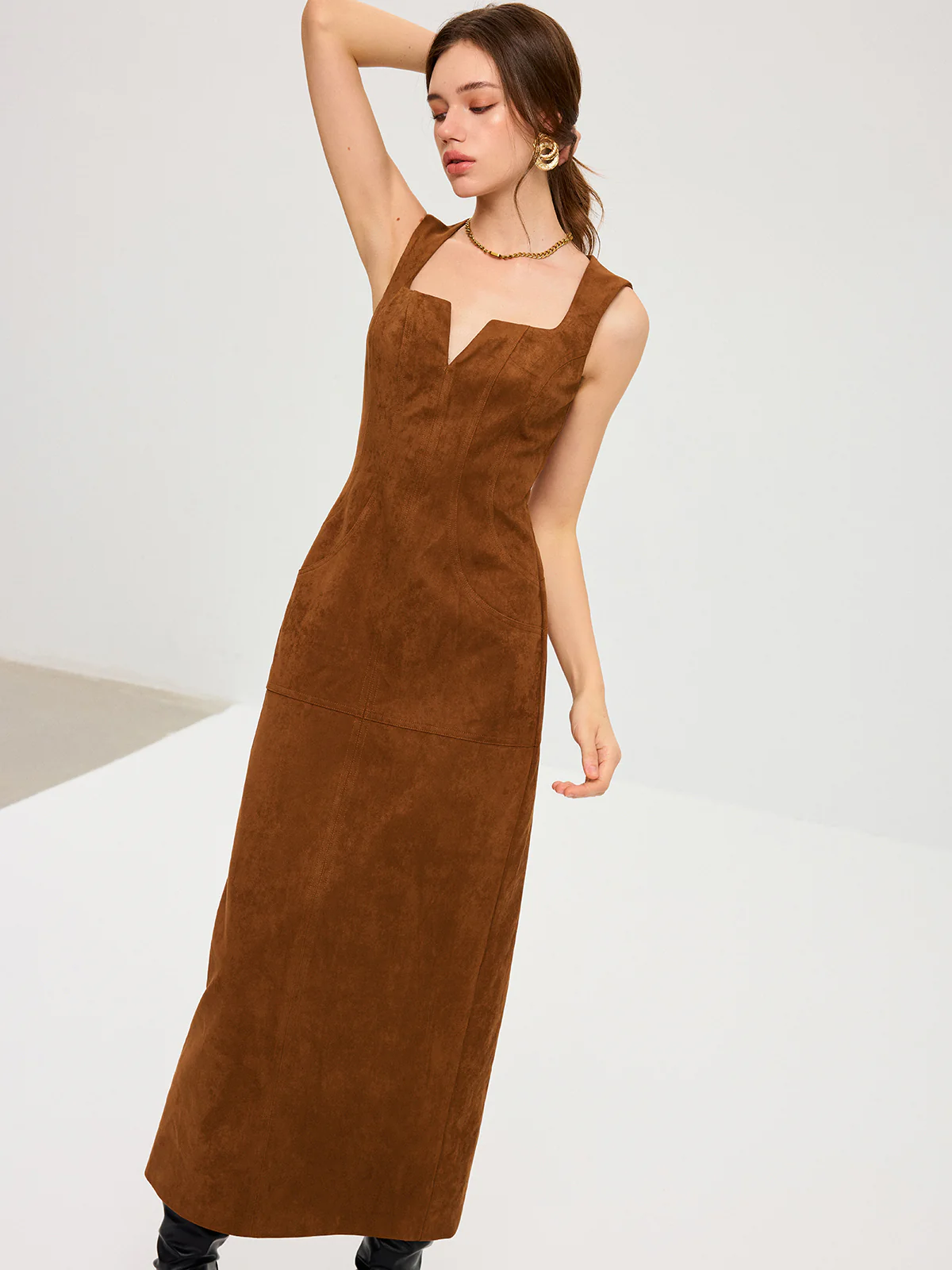 Suede Effect Low-Neck Sleeveless Maxi Dress - Wholesalesil