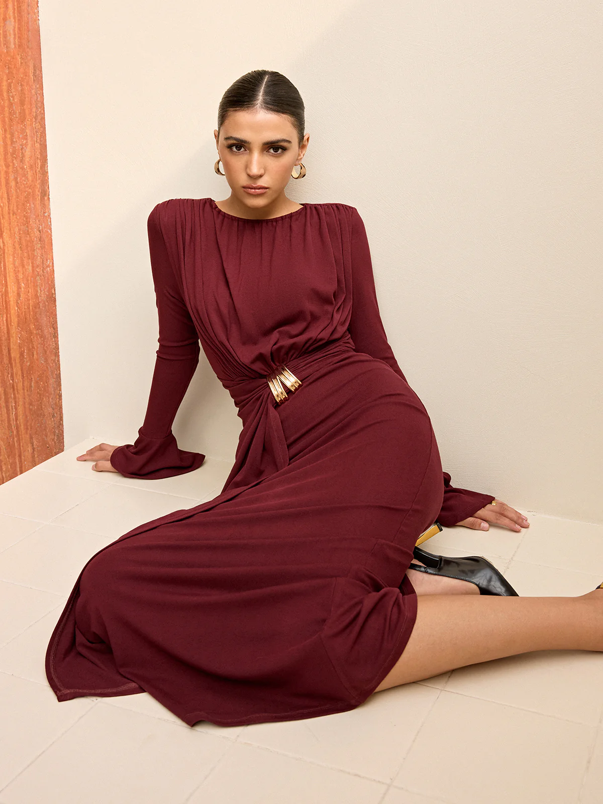 Long-Sleeve Draped Maxi Dress - Wholesalesil