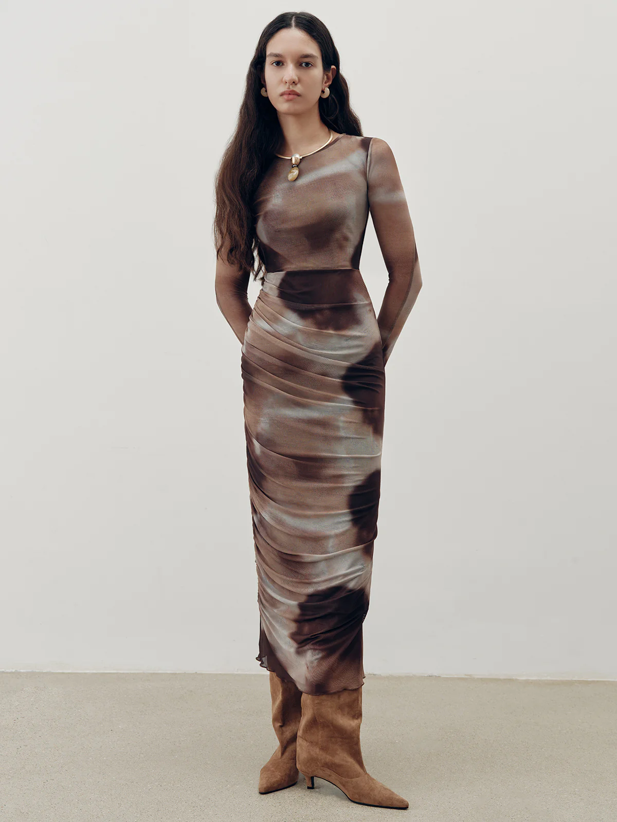 Tie-Dye Ruched Mesh Maxi Dress - Wholesalesil
