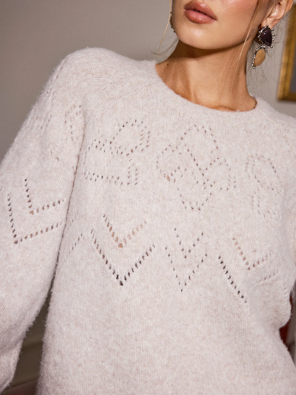 Wool Blend Openwork Knit Sweater - Wholesalesil