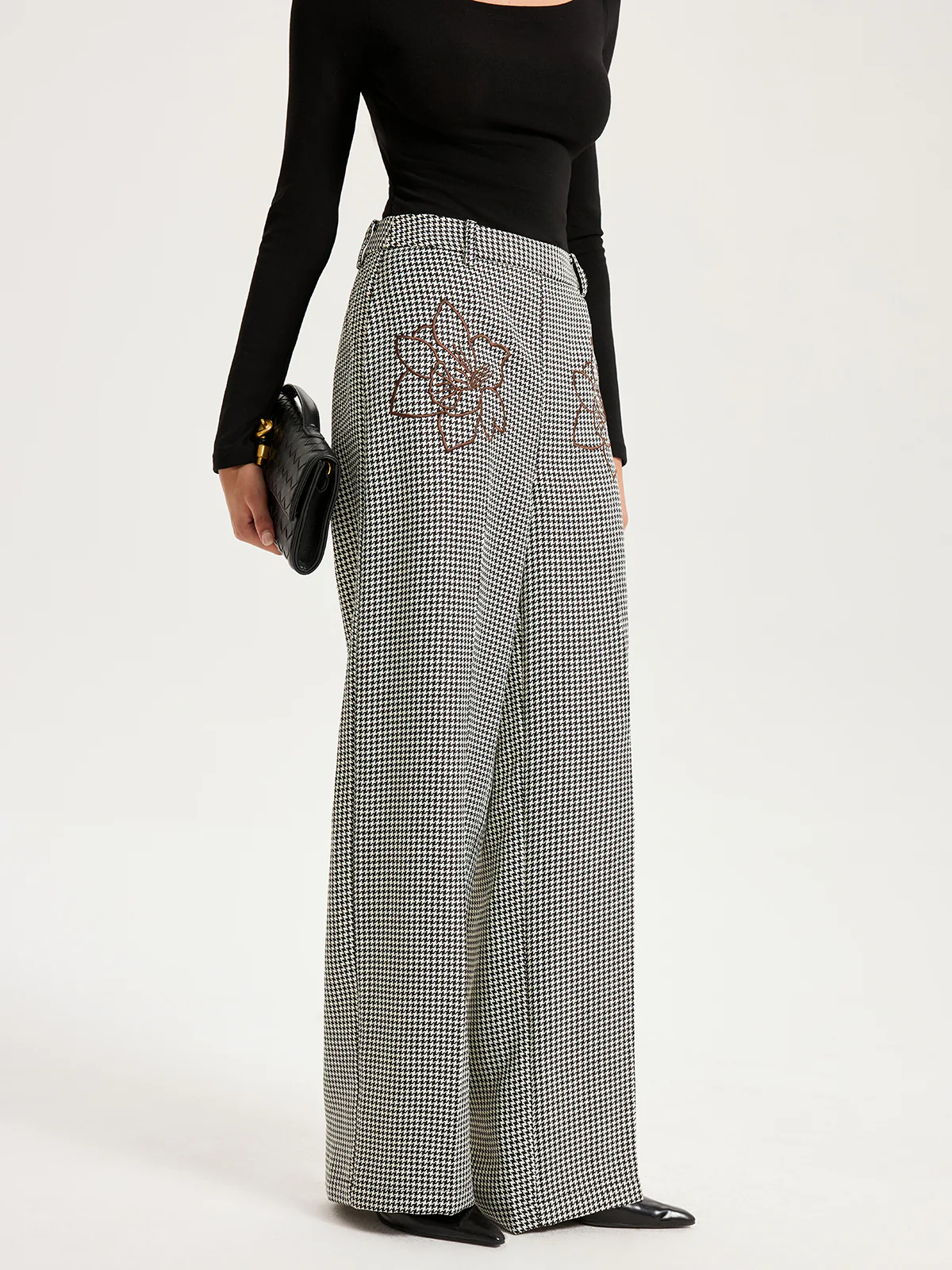 Houndstooth Embroidered Straight-Leg Pants - Wholesalesil