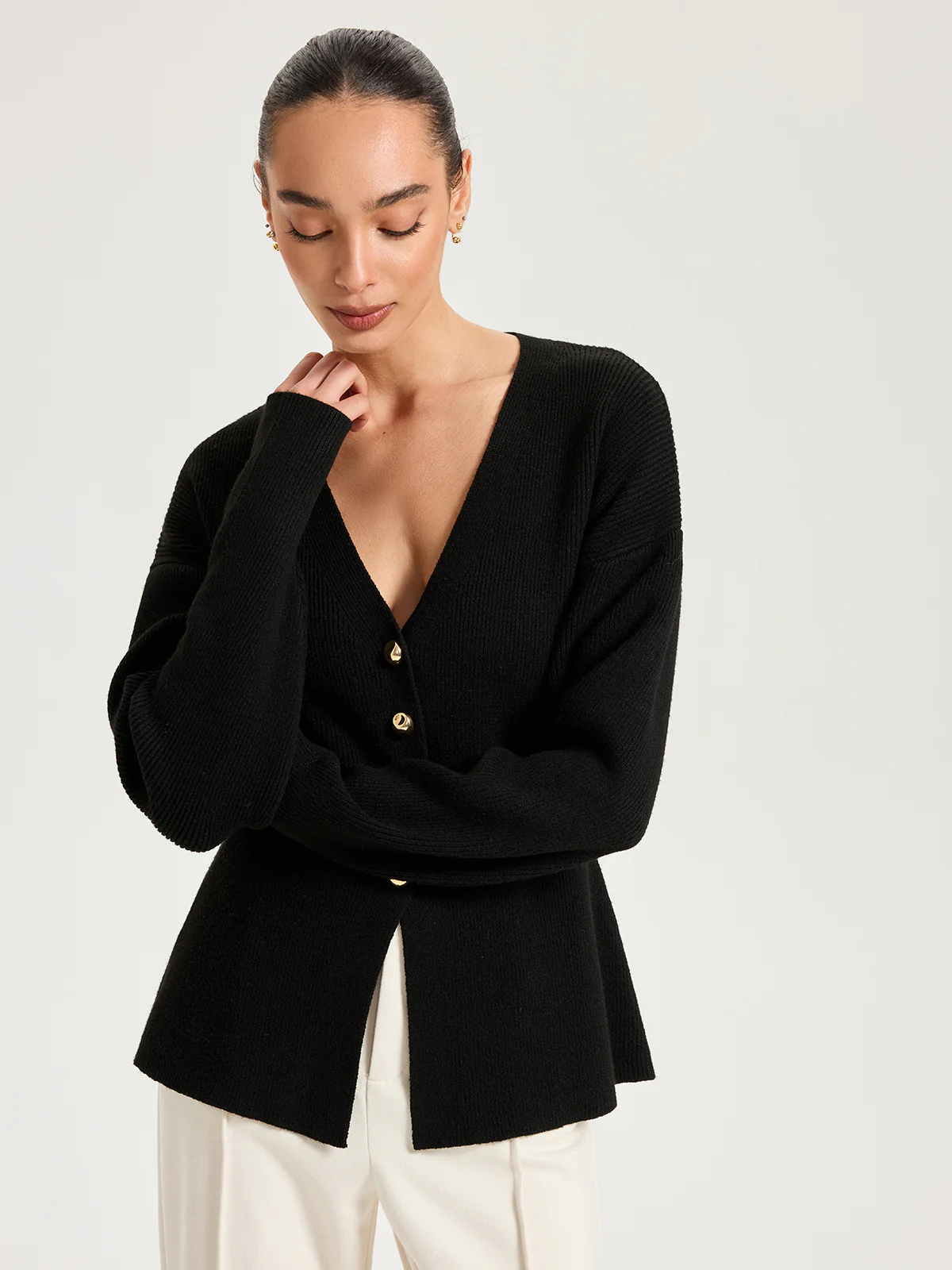 Wool-Blend V-Neck Button Cardigan - Wholesalesil