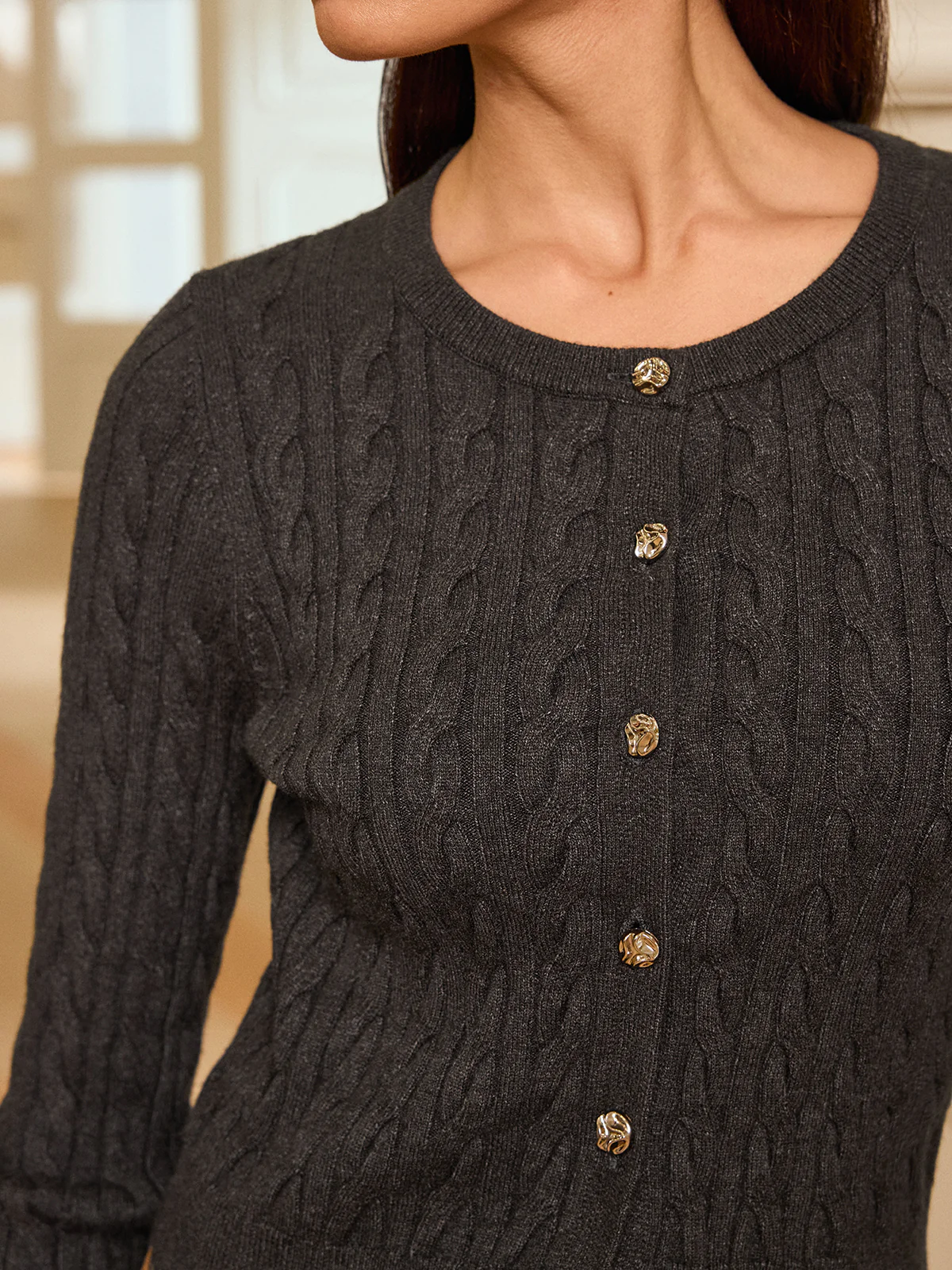 Metal Button Cable-Knit Cardigan - Wholesalesil