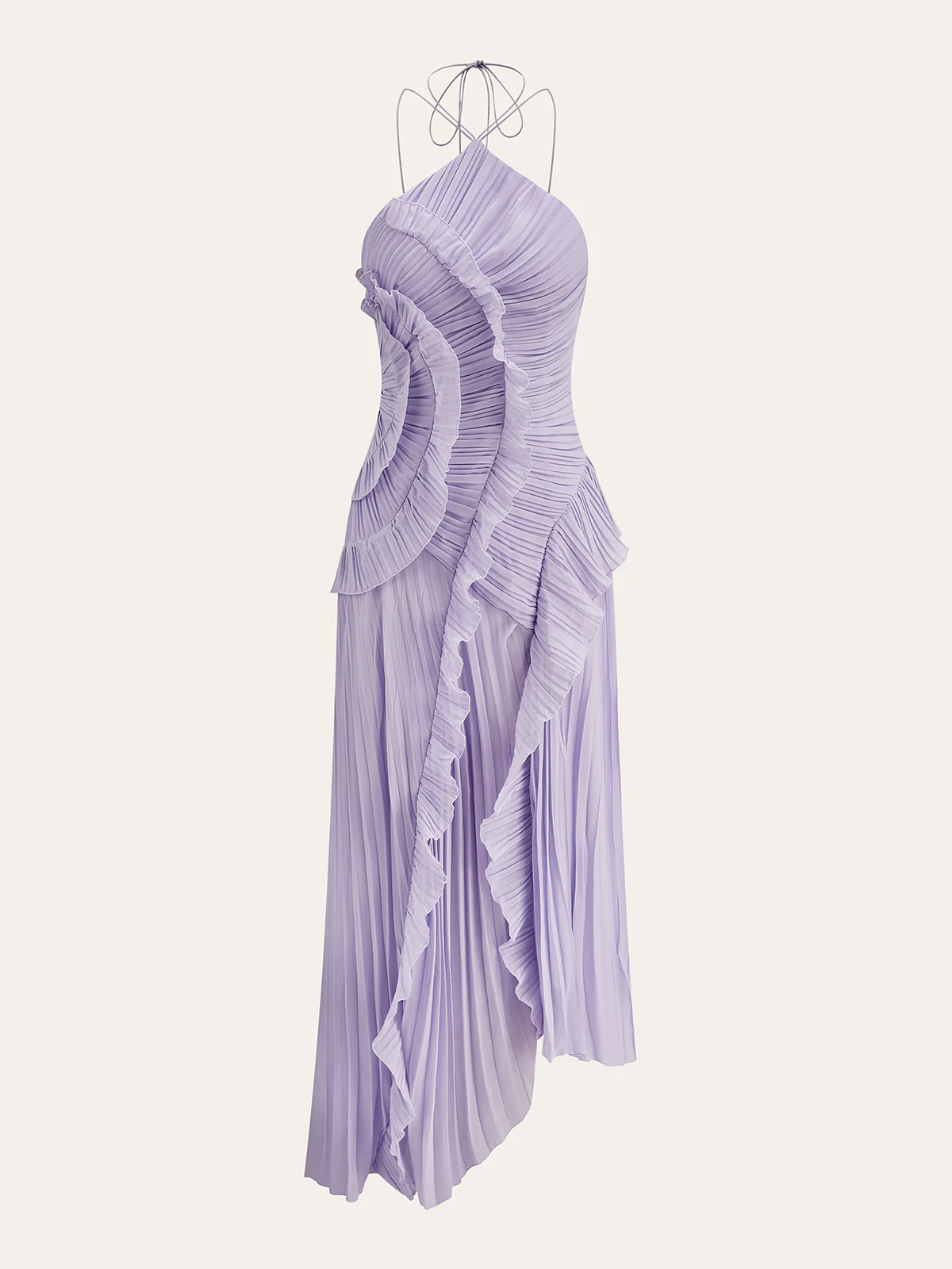 Chiffon Pleated Ruffle Halter Neck Maxi Dress - Wholesalesil