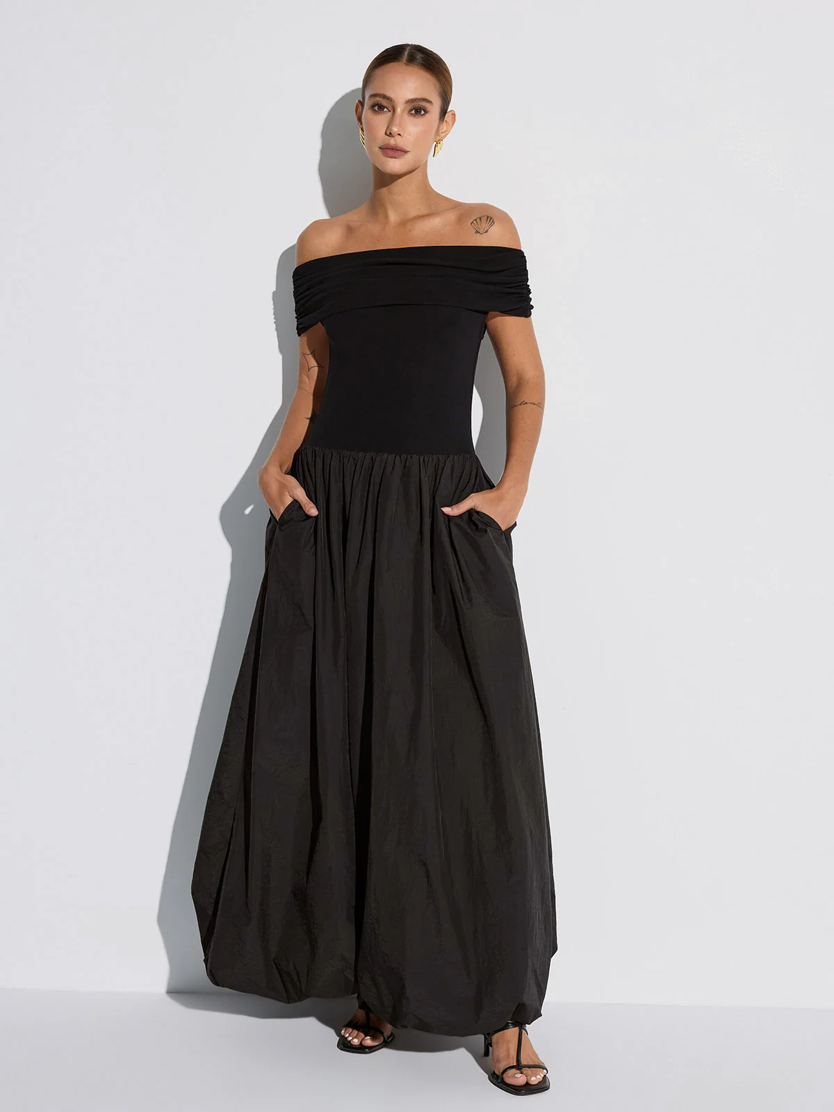 Off-Shoulder Pocket Maxi Dress - Wholesalesil
