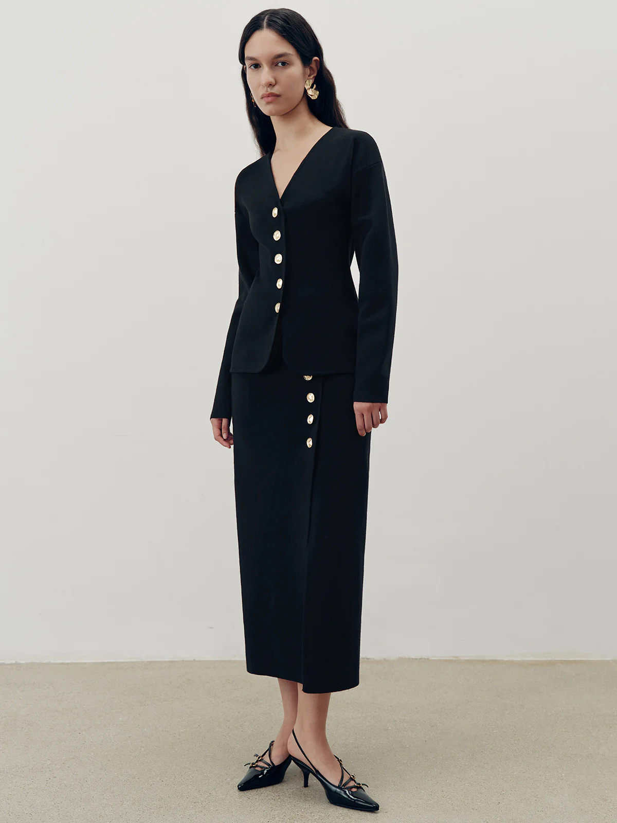 Metal Button V-Neck Cardigan - Wholesalesil