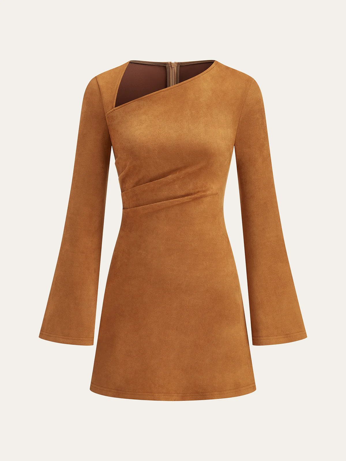 Asymmetrical Ruched Long Sleeve Suede Effect Mini Dress - Wholesalesil