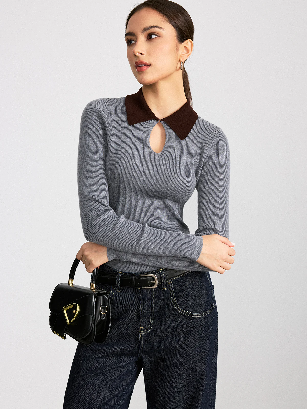 Contrast Collar Wool Blend Ribbed Knit Top - Wholesalesil