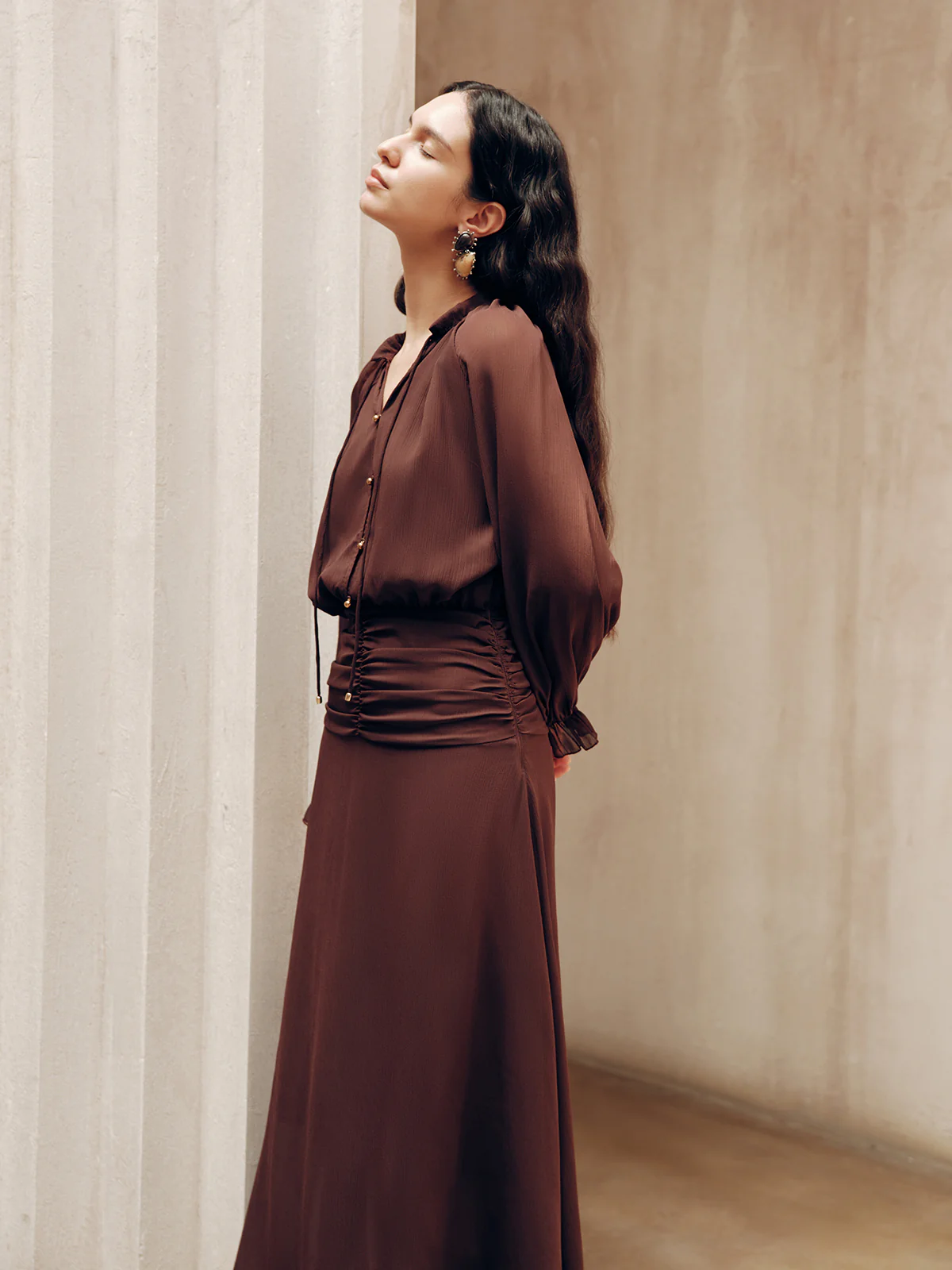 Tie-Neck Ruched Chiffon Maxi Dress - Wholesalesil