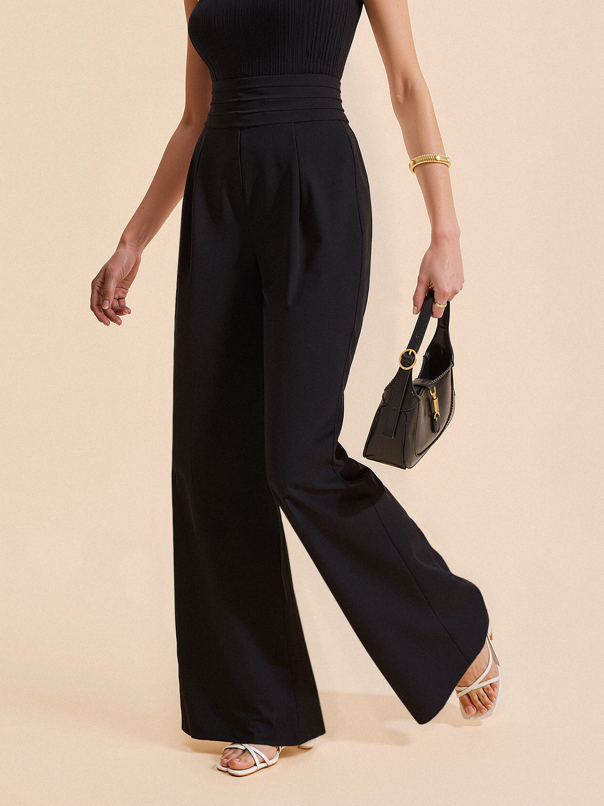 High-Waist Pleated-Waistband Wide-Leg Pants - Wholesalesil