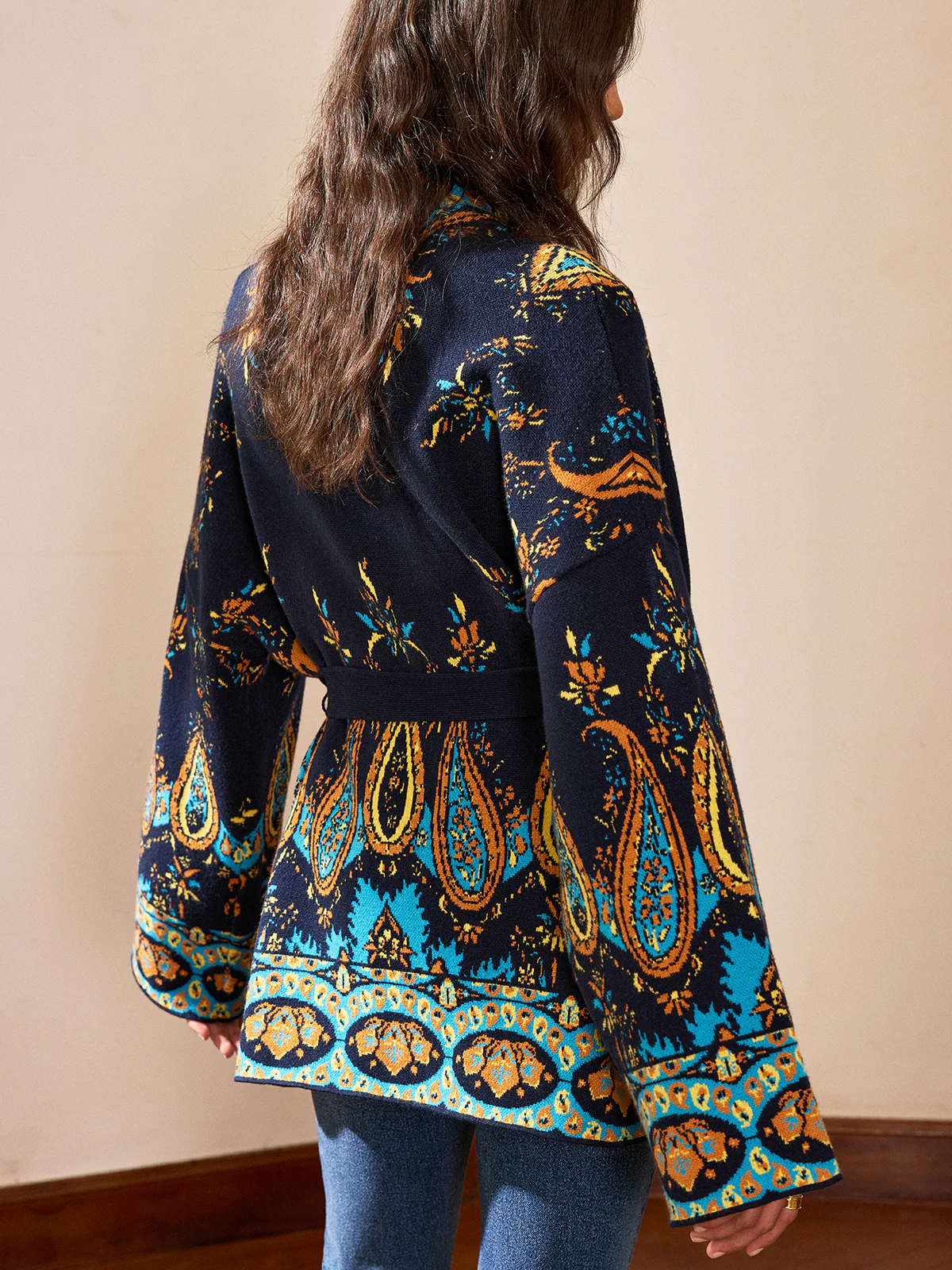 Paisley Print Belted Cardigan - Wholesalesil