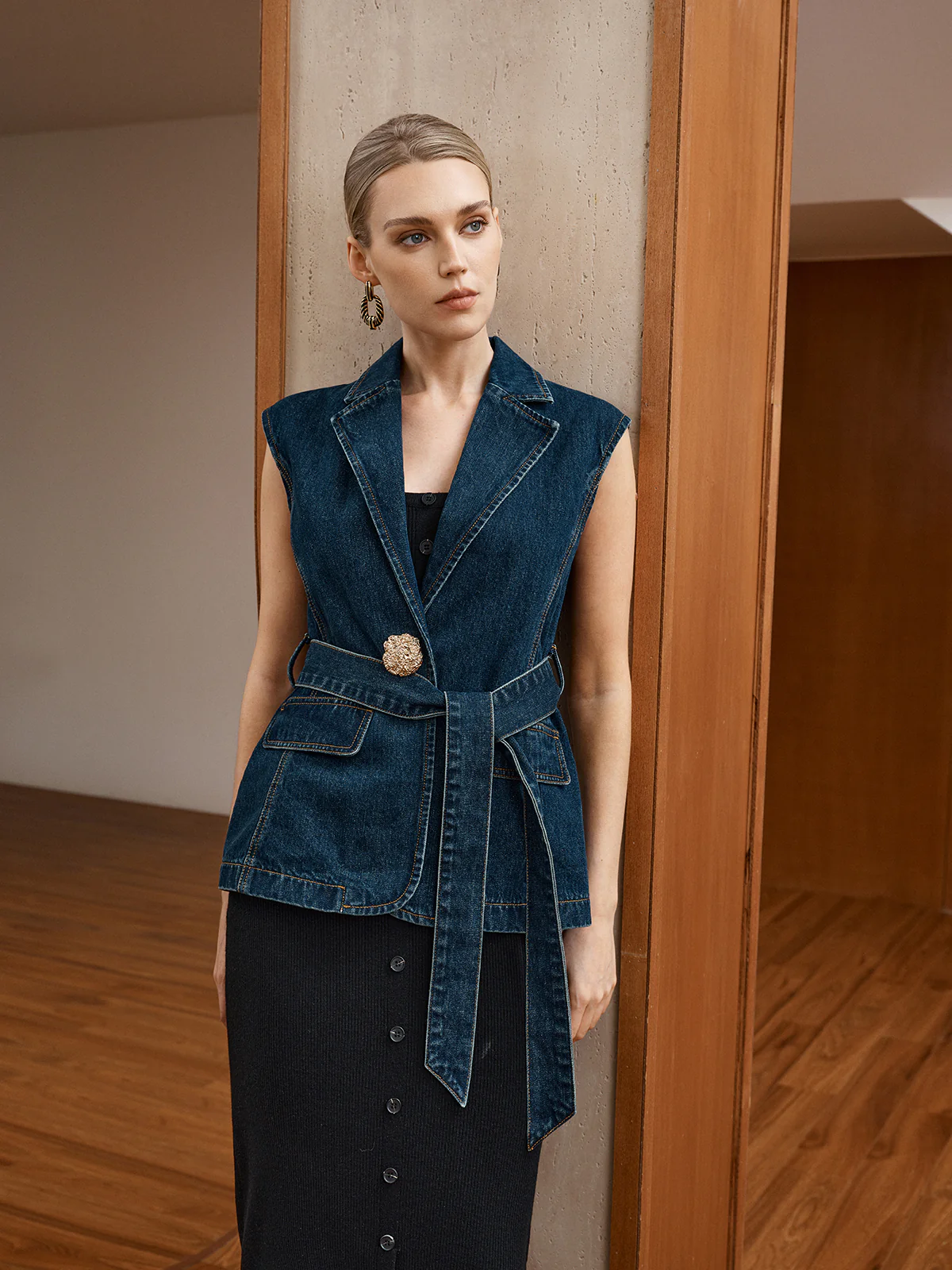 Denim Belted Blazer Vest - Wholesalesil