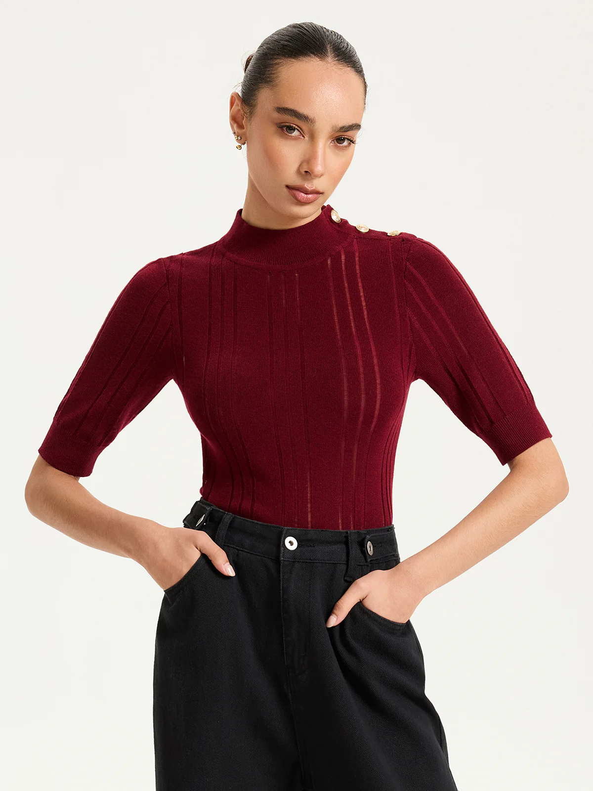 Shoulder Button Mock Neck Short Sleeve Sweater - Wholesalesil