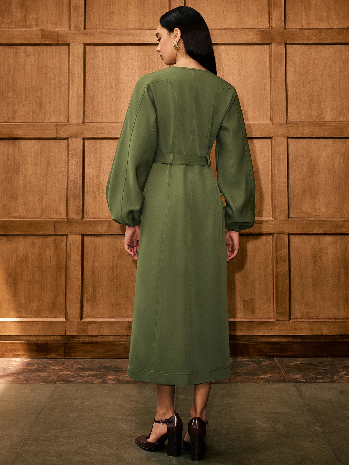 V-Neck Balloon Sleeve Belted Button-Front Dress - Wholesalesil