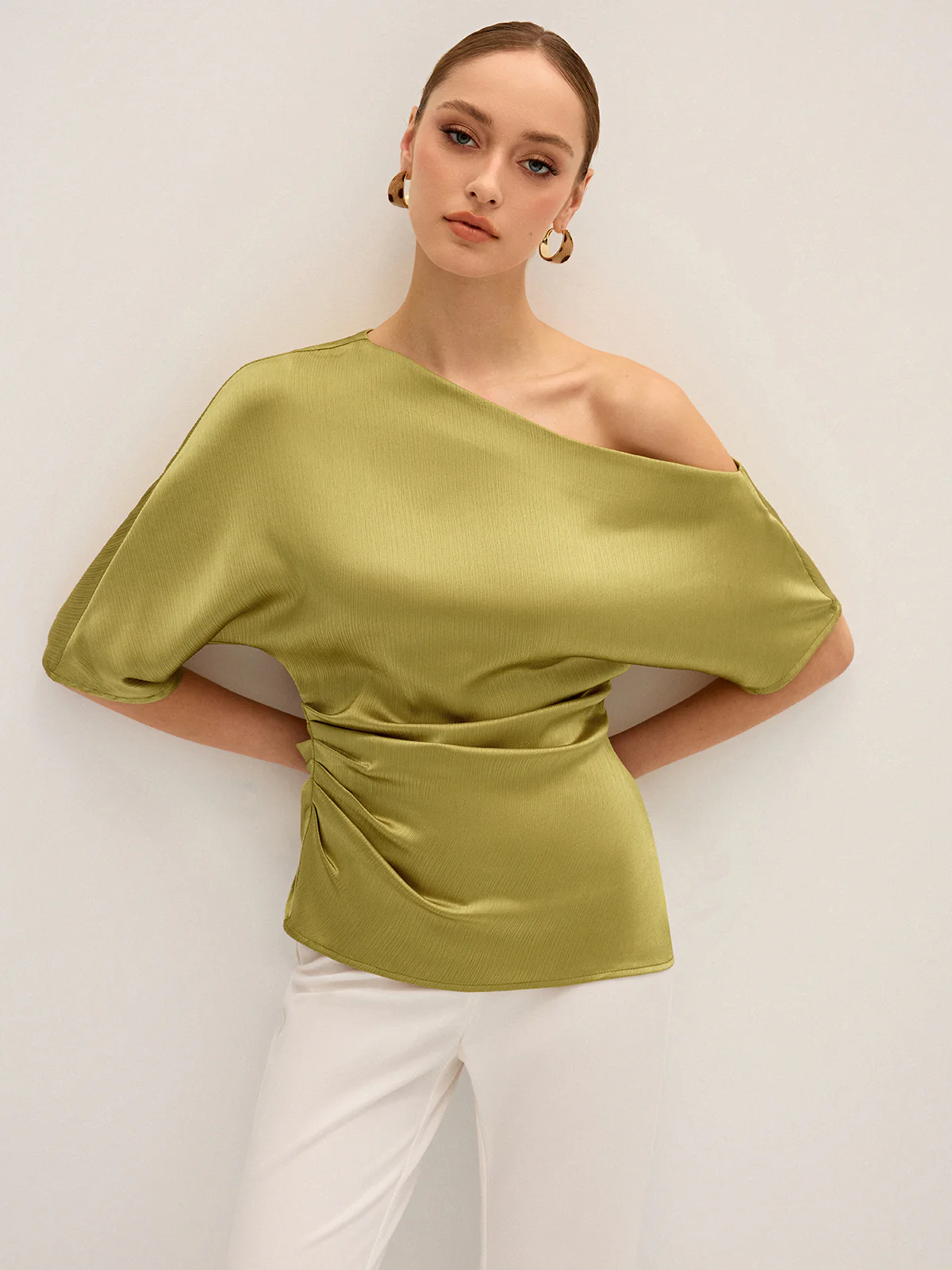 Satin One-Shoulder Ruched Top - Wholesalesil