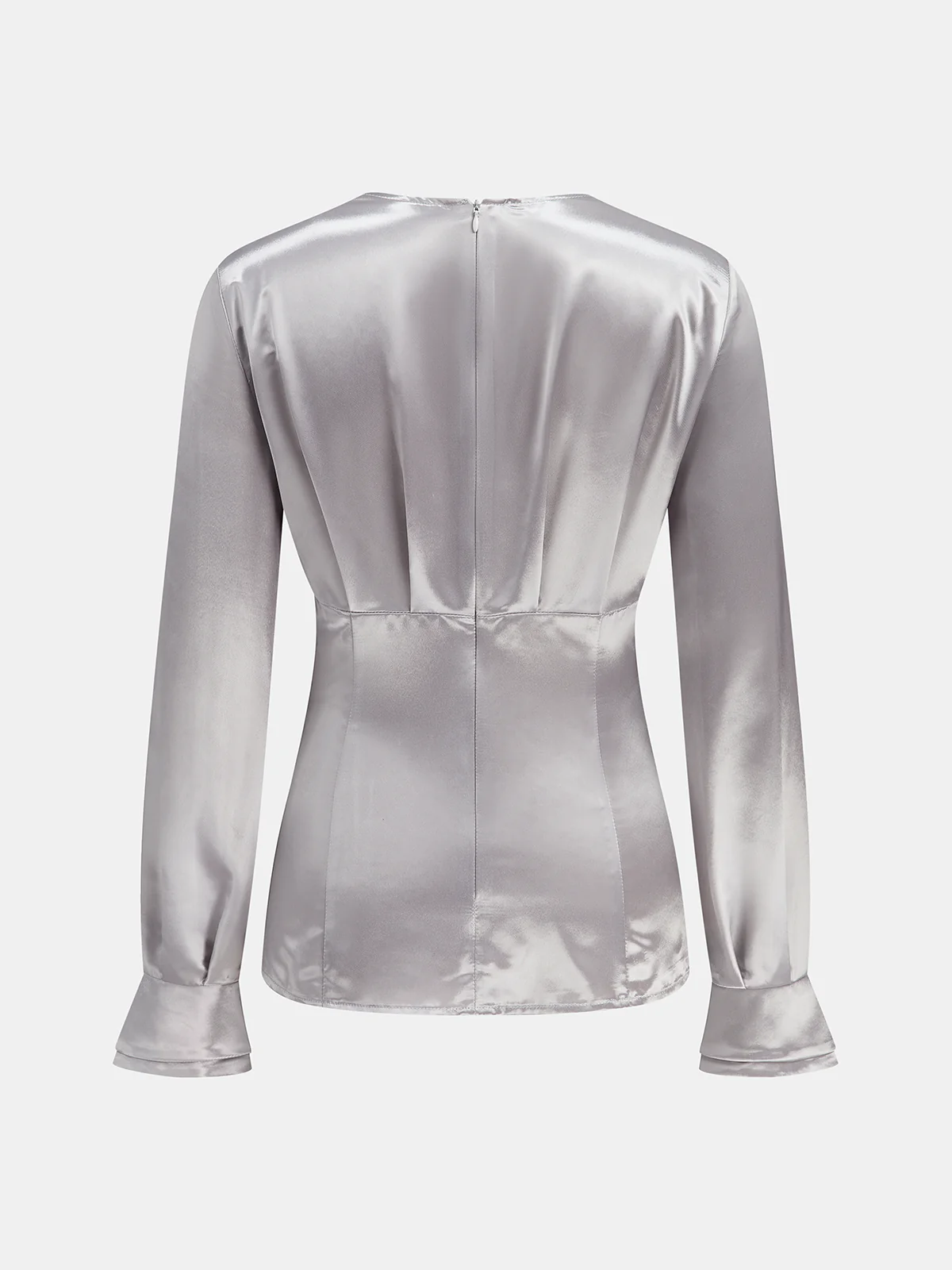 Long Sleeve V-Neck Knot Front Satin Blouse - Wholesalesil