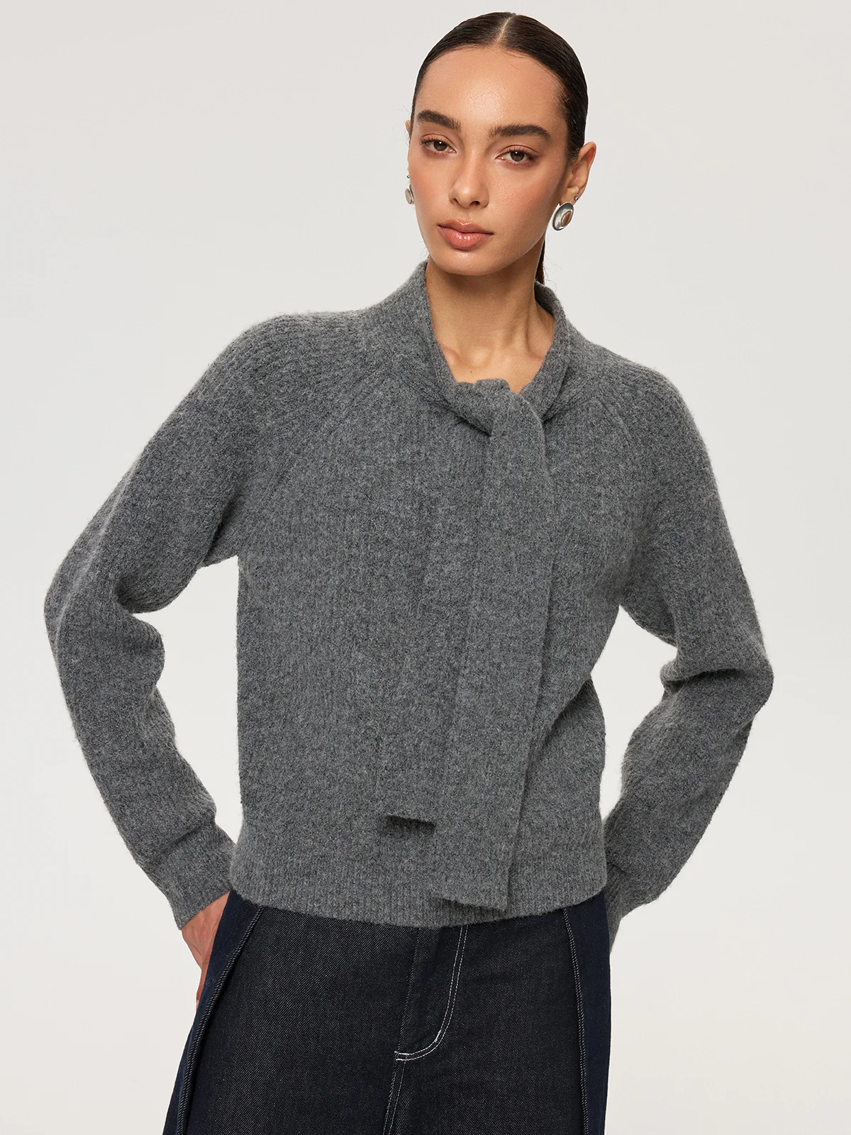 Tie-Neck Wool Blend Sweater - Wholesalesil