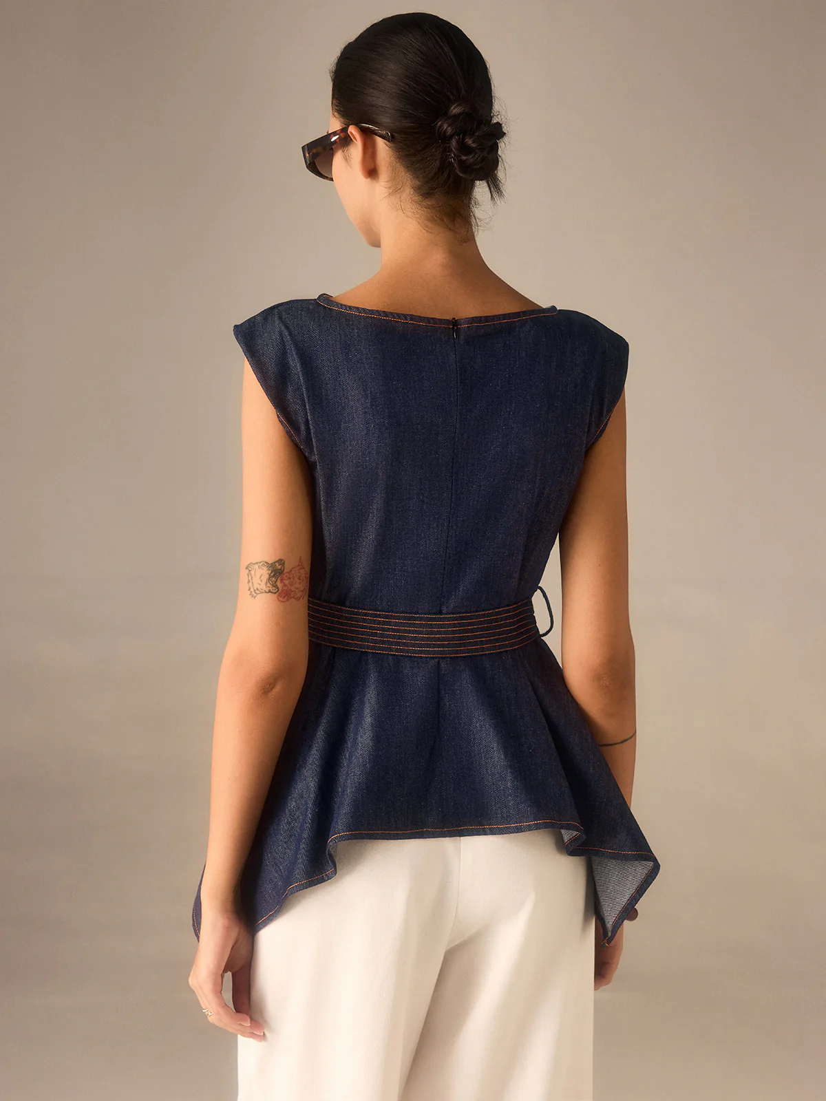 Denim Peplum Belted Top with Asymmetric Hem - Wholesalesil