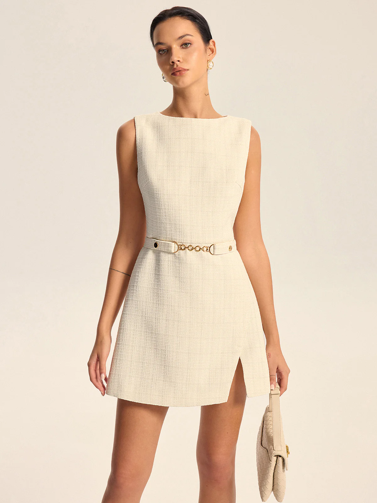 Tweed Slit Mini Dress with Detachable Belt - Wholesalesil