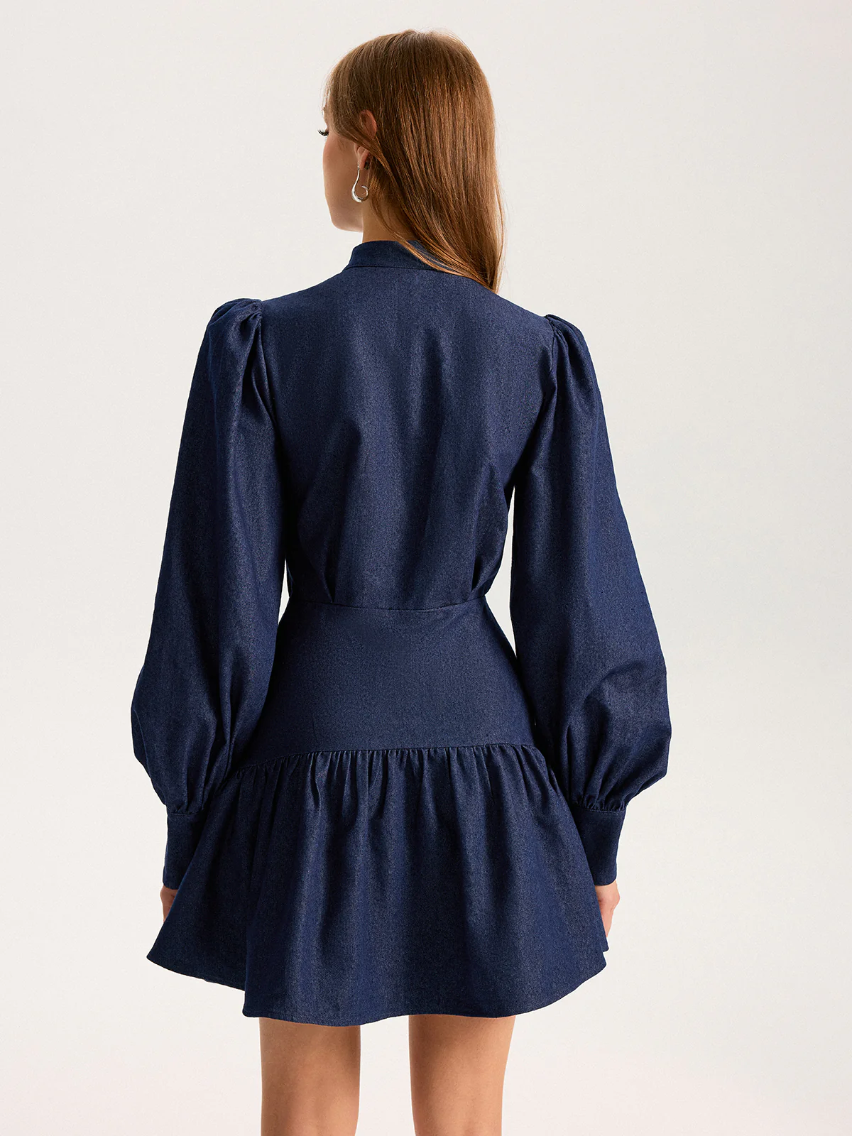 Denim Stand Collar Puff Sleeve Mini Dress - Wholesalesil