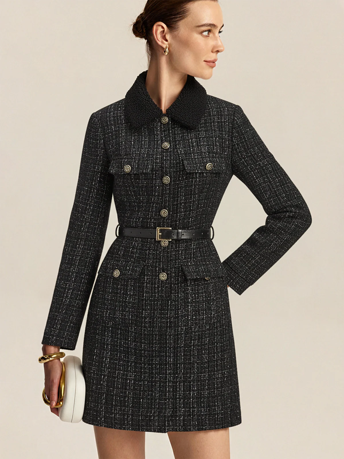 Faux Fur Collar Tweed Belted Mini Dress - Wholesalesil