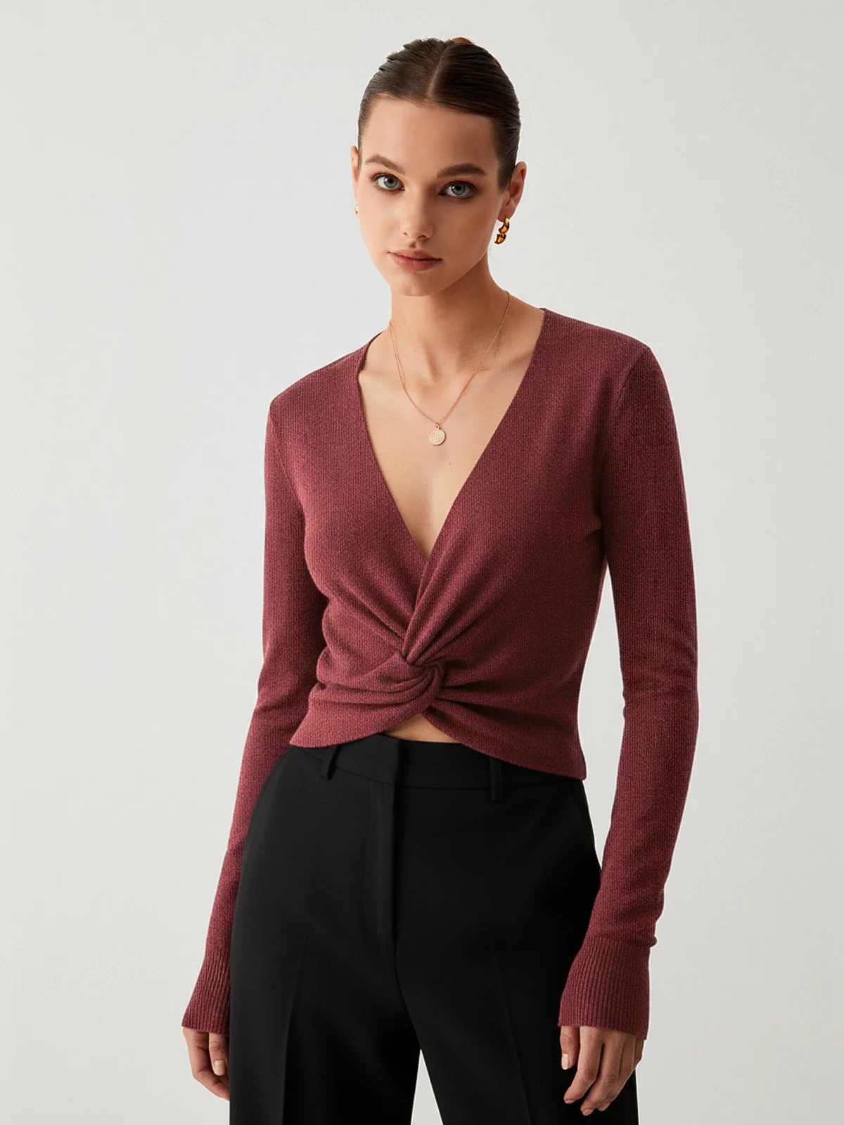 V-Neck Twist-Front Sweater - Wholesalesil