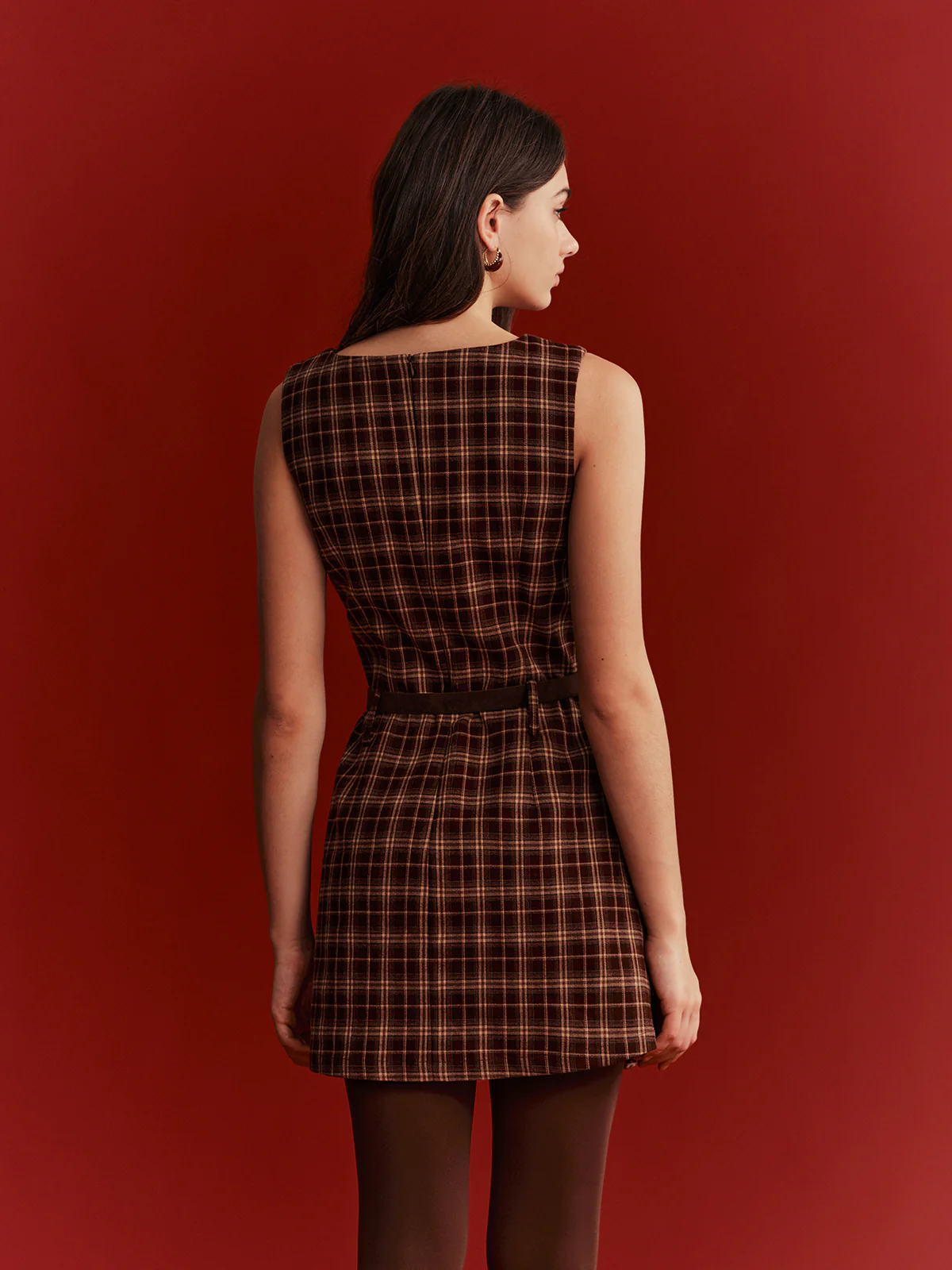 Belted Plaid Sleeveless Mini Dress - Wholesalesil